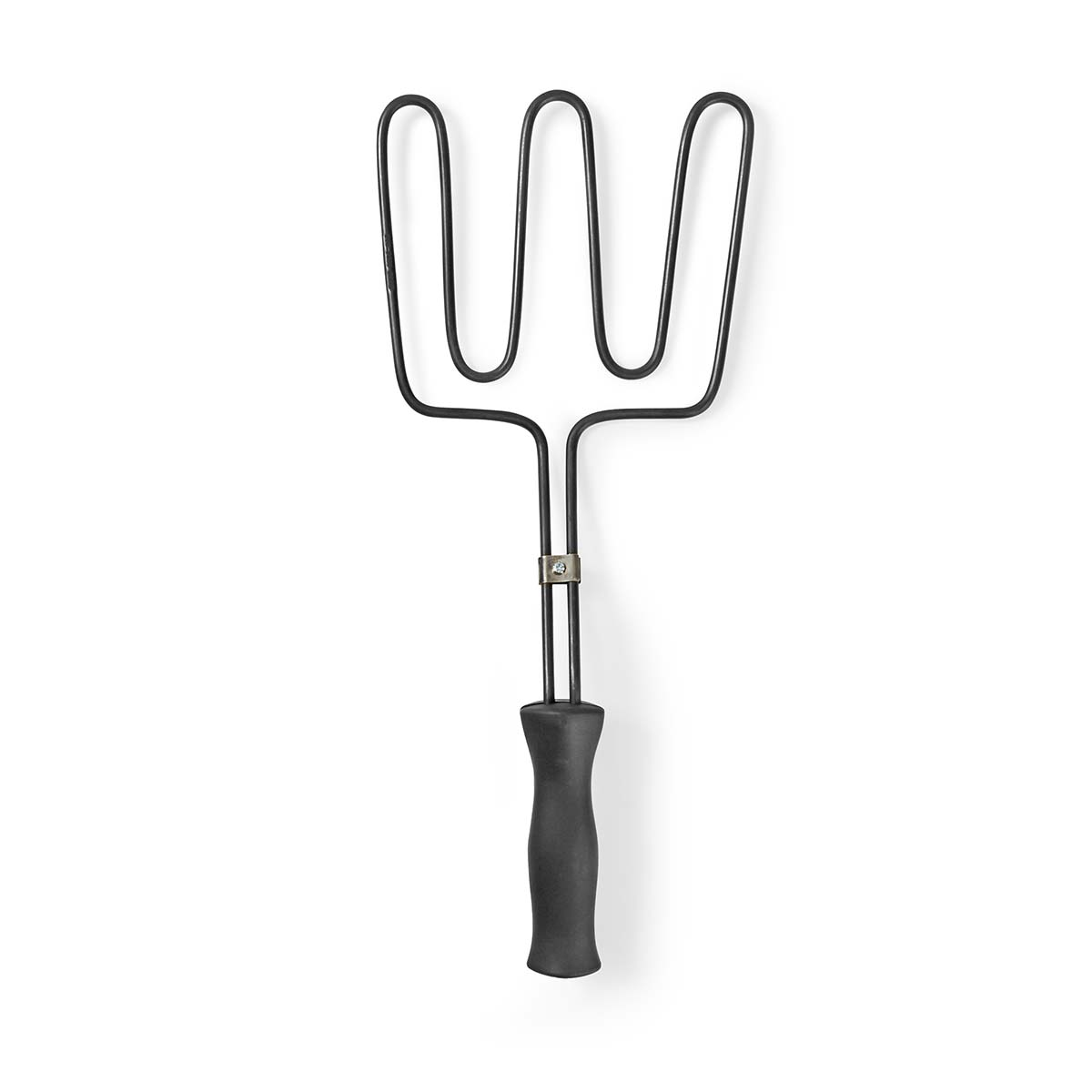 Una forchetta per carne nera con tre rebbi e un manico nero.