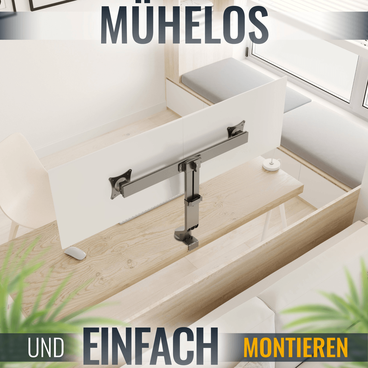 Monitorarm auf einem Schreibtisch mit Maus und Pflanzen