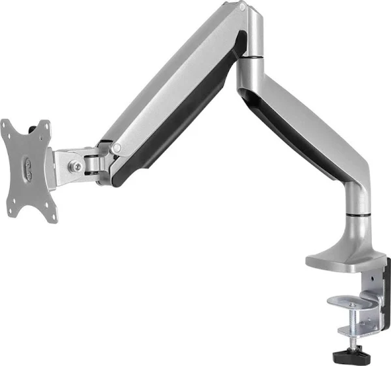Silberner Monitorarm mit Klemmenhalterung, Gelenkarmen und VESA-Platte.
