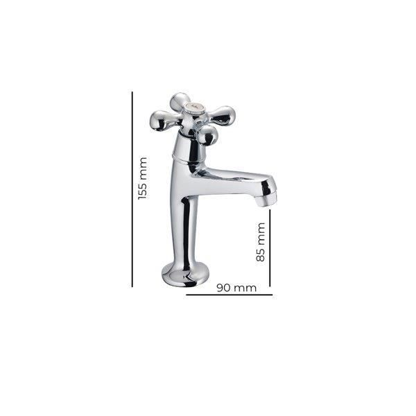 Rubinetto cromato con maniglie a croce, alto 155 mm, largo 90 mm.