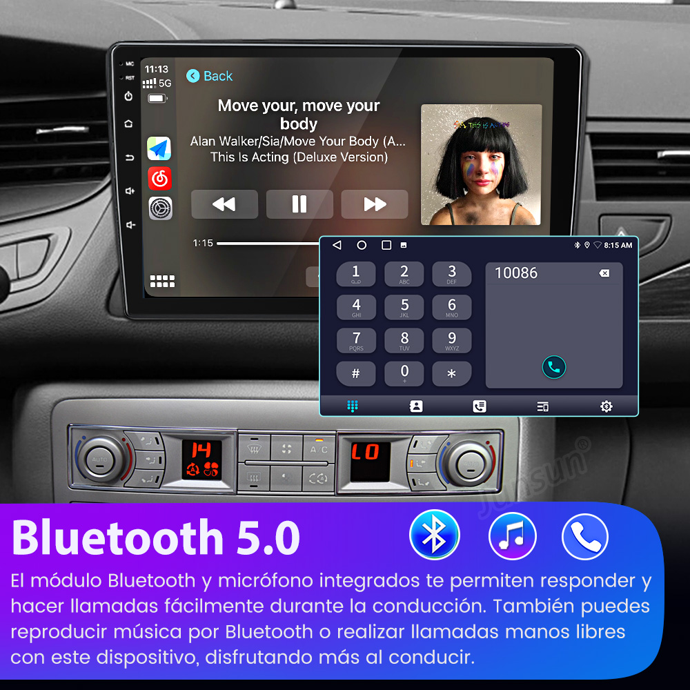 Sistema de infoentretenimiento para coche con reproducción de música e interfaz telefónica.