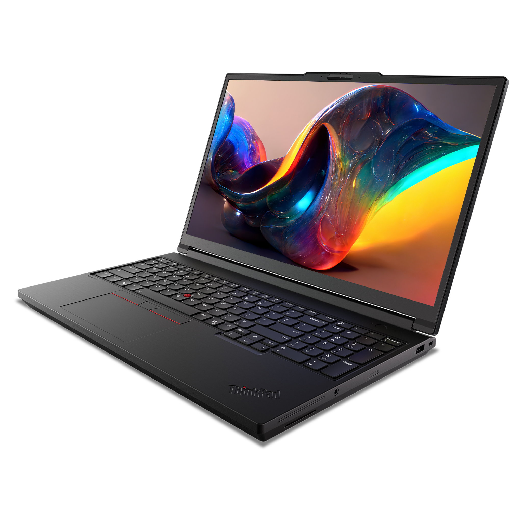 Açık siyah bir ThinkPad dizüstü bilgisayar, ekranında renkli, soyut bir görüntü sergiliyor.