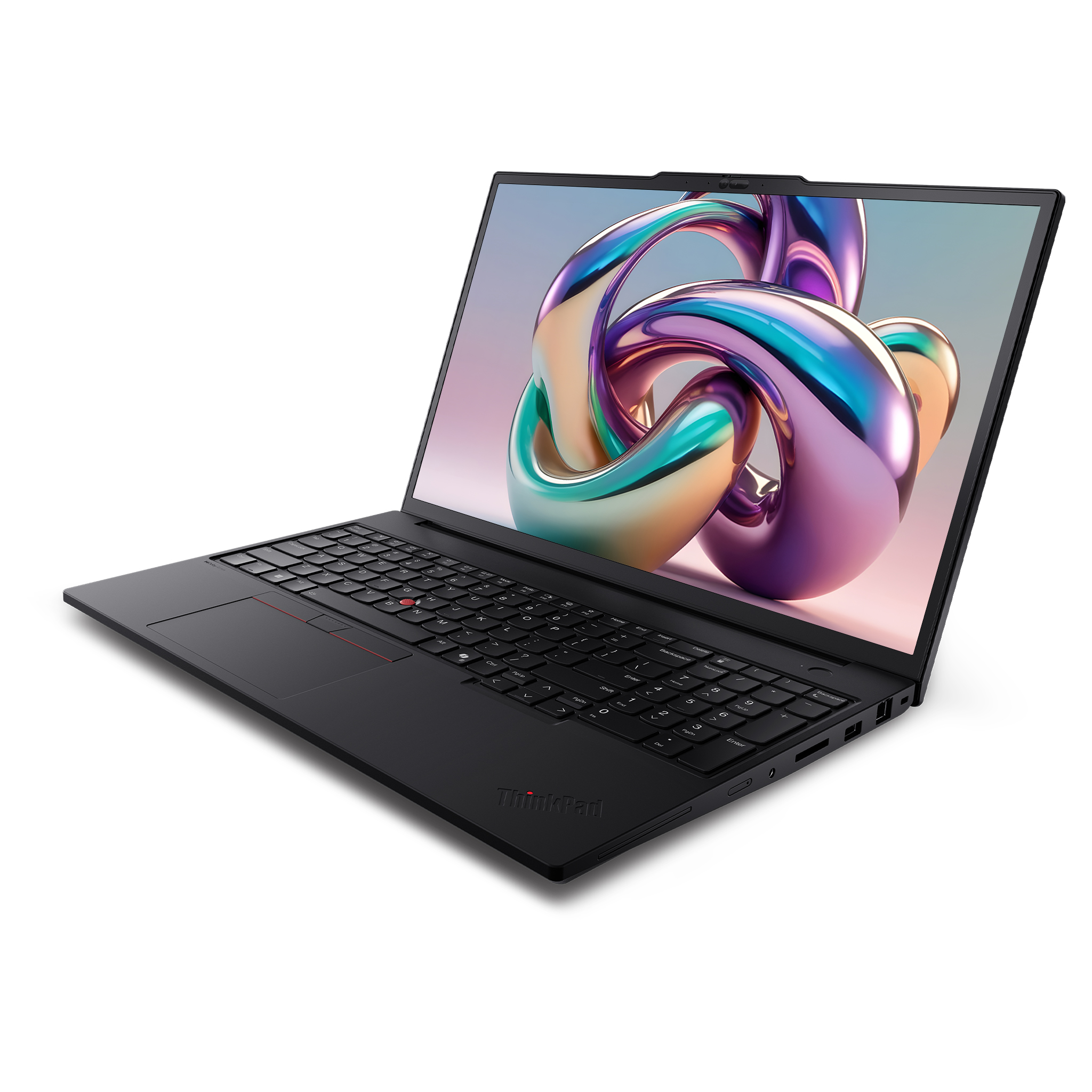 ThinkPad logolu siyah dizüstü bilgisayar, beyaz zeminde açık.
