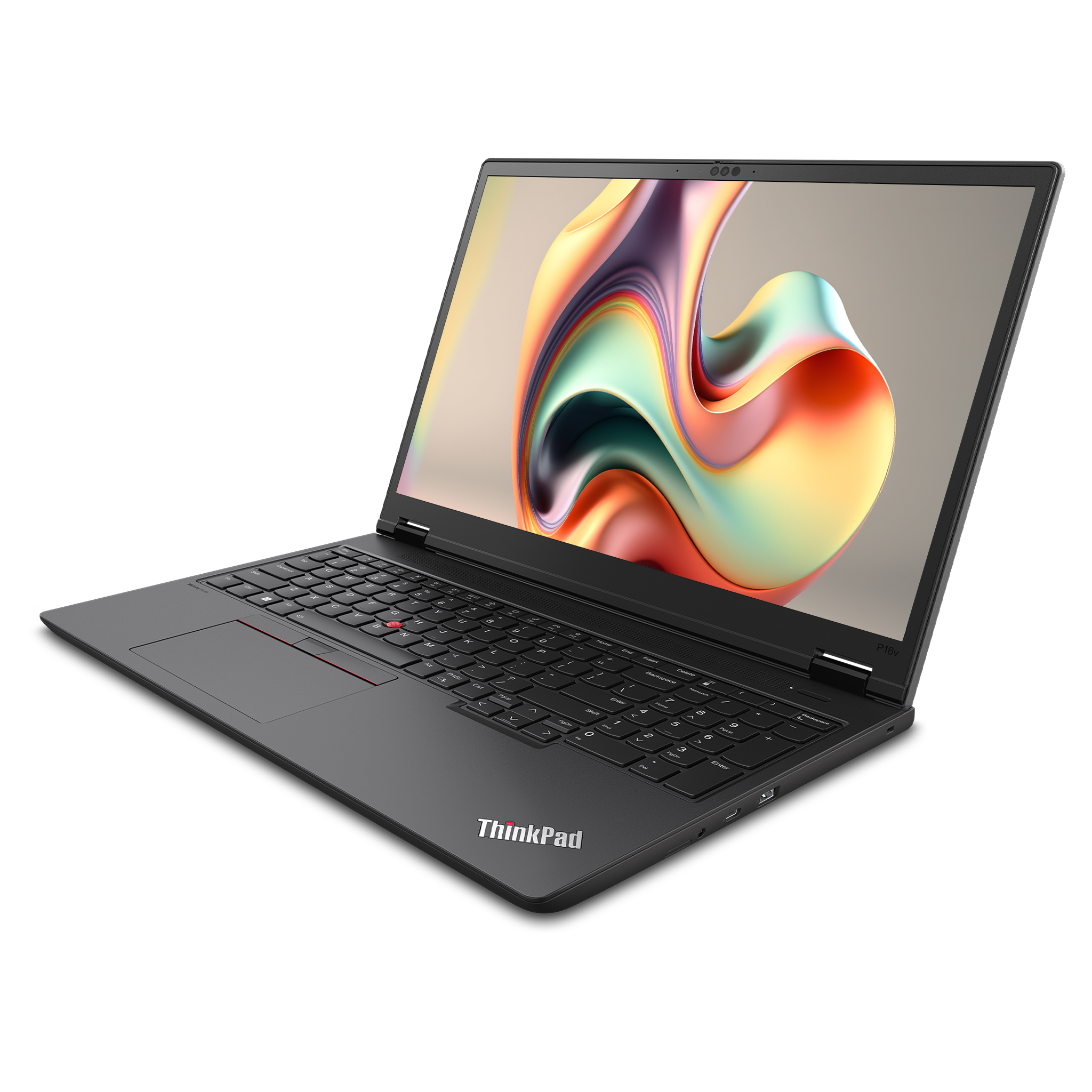 Ekranında renkli soyut duvar kağıdı bulunan siyah bir ThinkPad dizüstü bilgisayar.