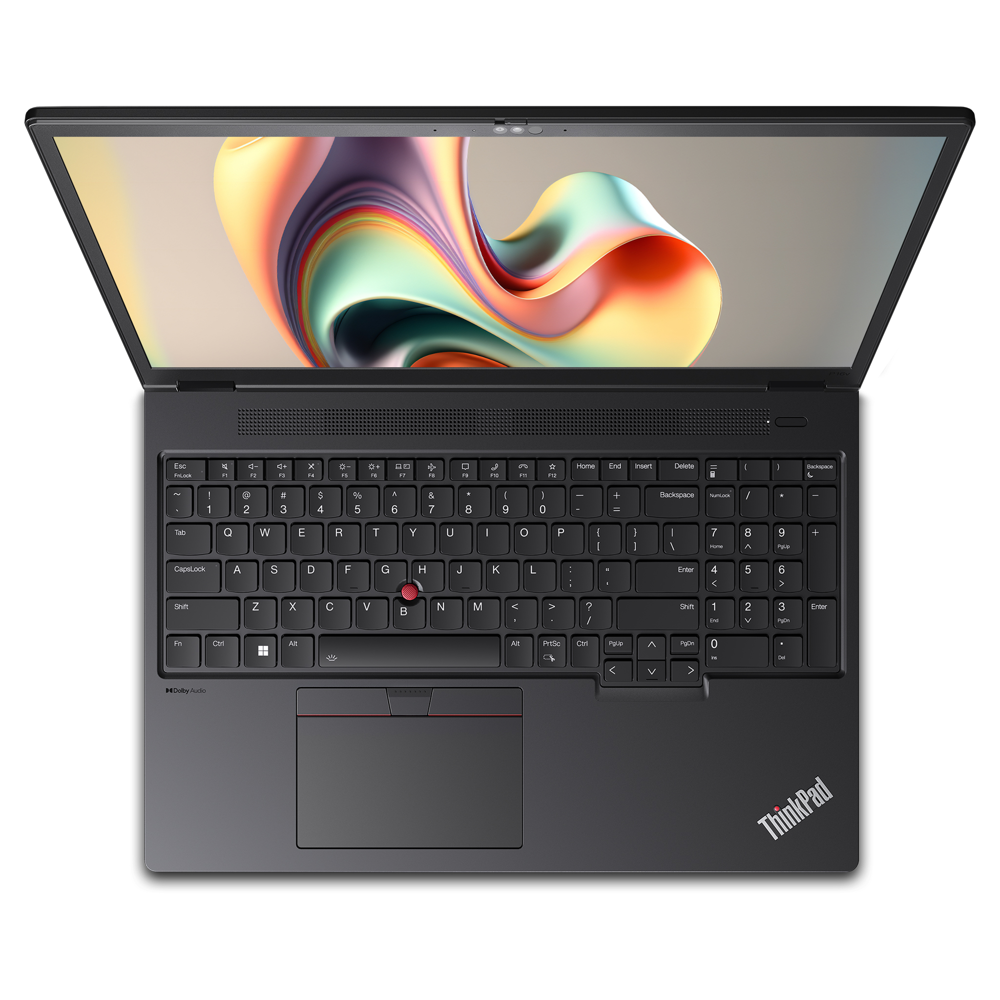 Açık siyah dizüstü bilgisayar, klavye, trackpad ve ekranda renkli soyut duvar kağıdı.