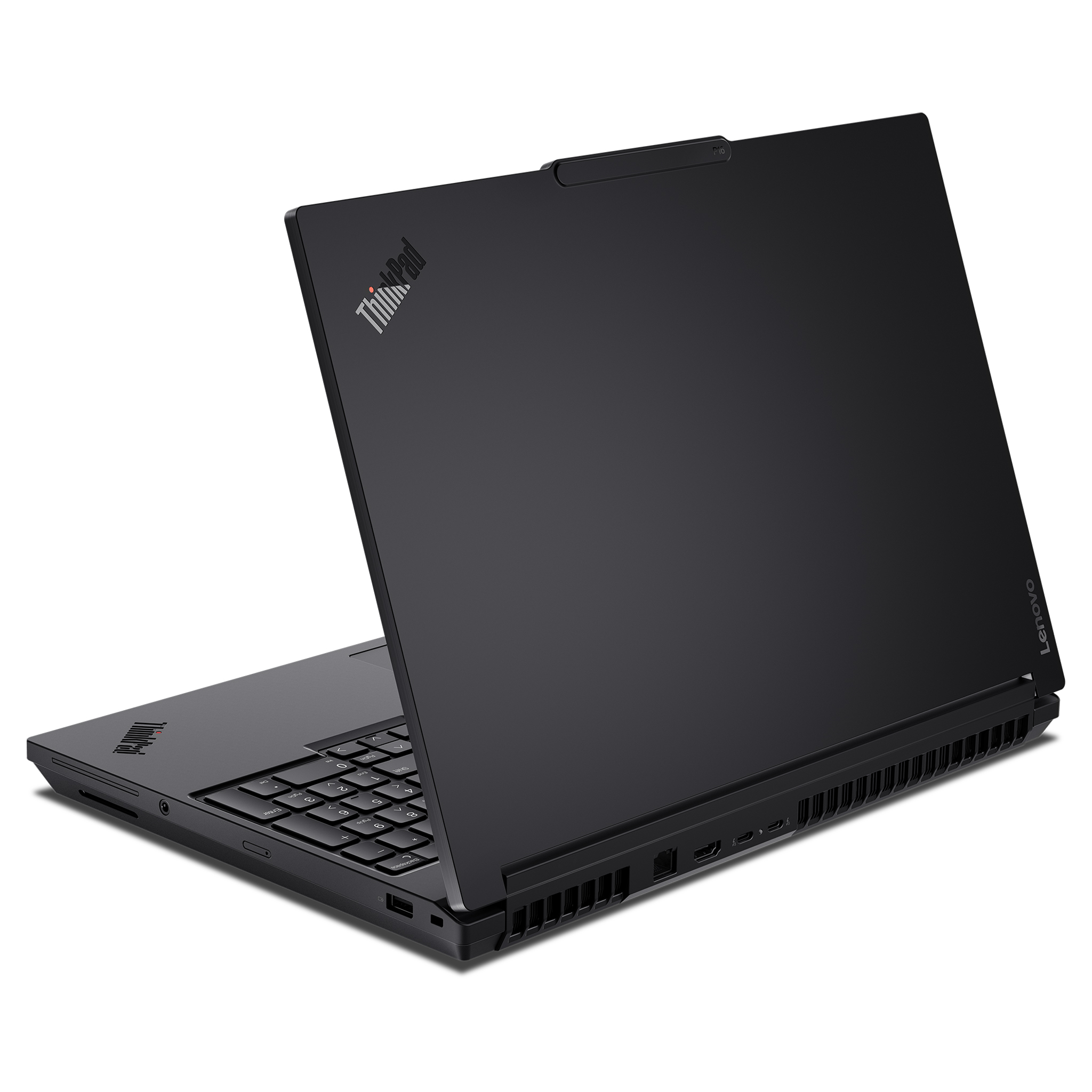 Siyah Lenovo ThinkPad dizüstü bilgisayar, açık ekran ve klavye görünür.
