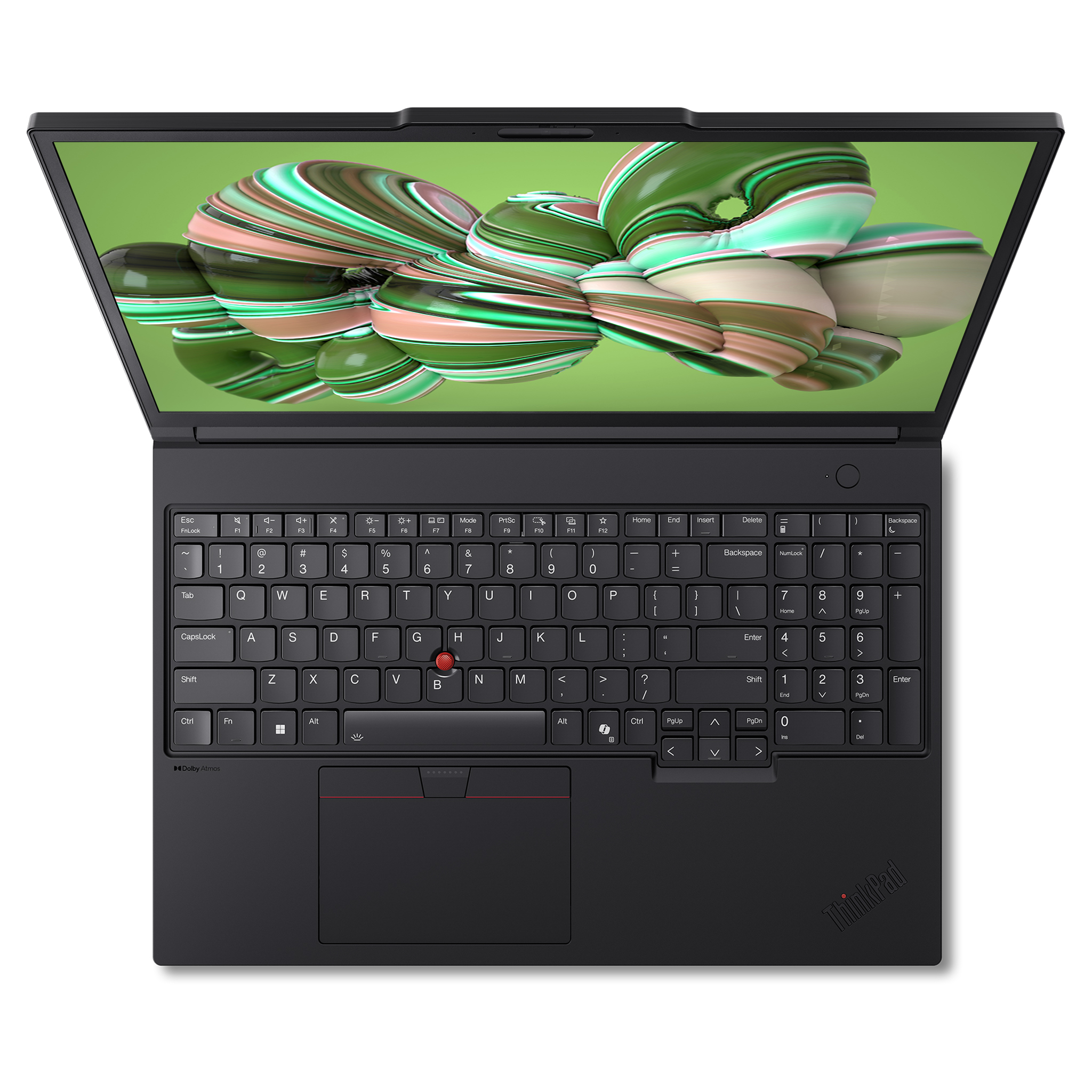 Açık siyah bir Lenovo ThinkPad dizüstü bilgisayar, soyut, renkli, girdaplı şekillerin olduğu yeşil bir ekranı gösteriyor.