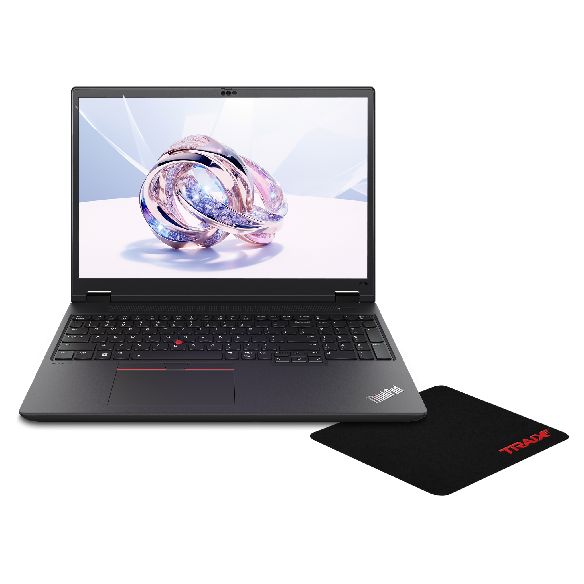 ThinkPad logolu koyu renkli bir dizüstü bilgisayar ve kırmızı TRAIDE yazılı siyah mousepad.