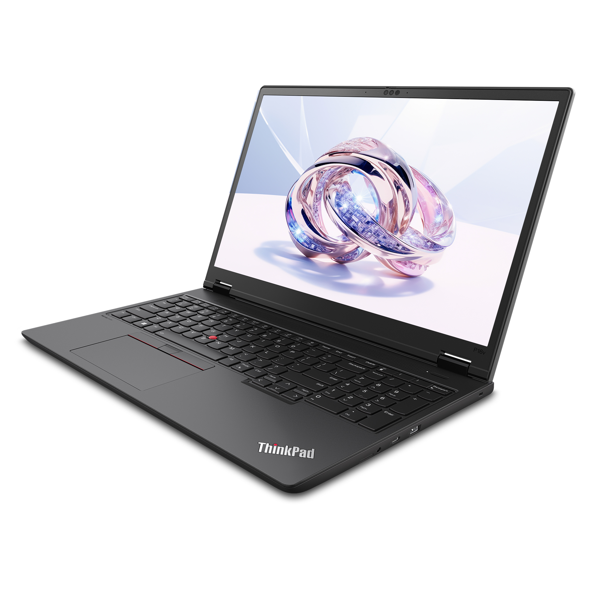 Beyaz arka plan üzerinde açık siyah bir ThinkPad dizüstü bilgisayar. Ekran soyut halkalar gösteriyor.