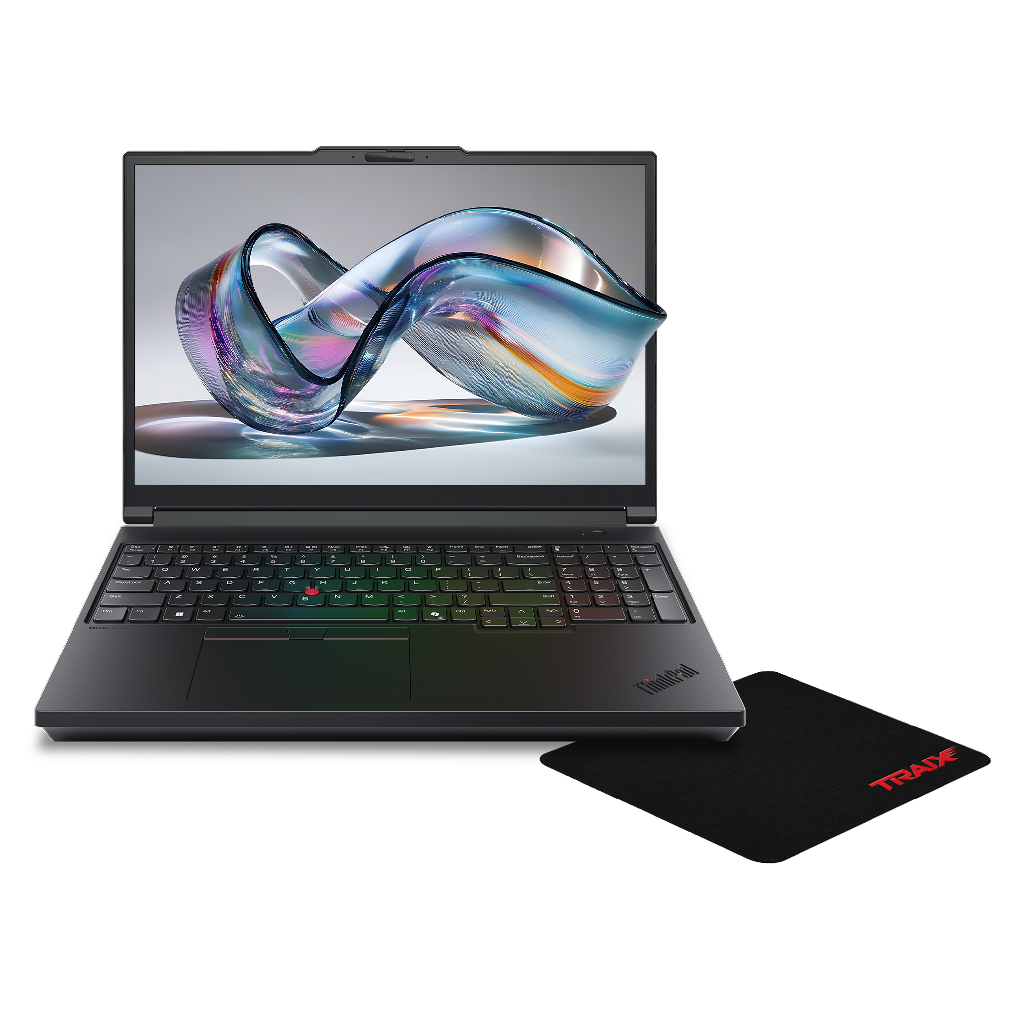 Açık siyah bir ThinkPad dizüstü bilgisayar, renkli soyut duvar kağıdı ve arkadan aydınlatmalı klavye gösteriyor. Kırmızı "TRAIX" yazılı siyah bir fare