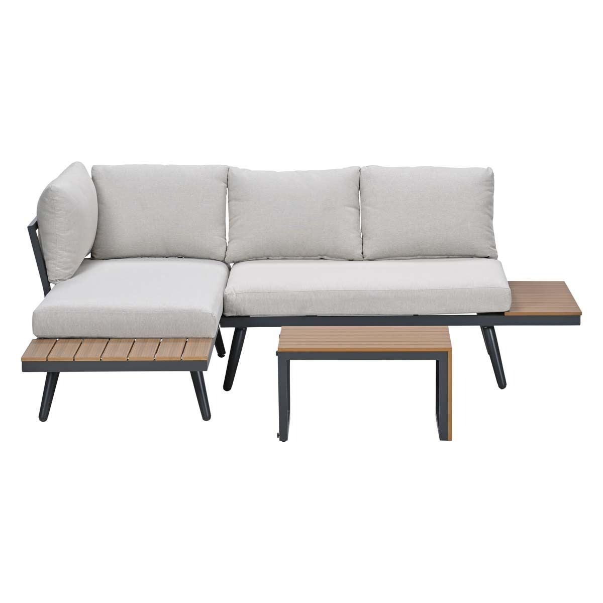 Grijze hoekbank met houten accenten en een kleine tafel.
