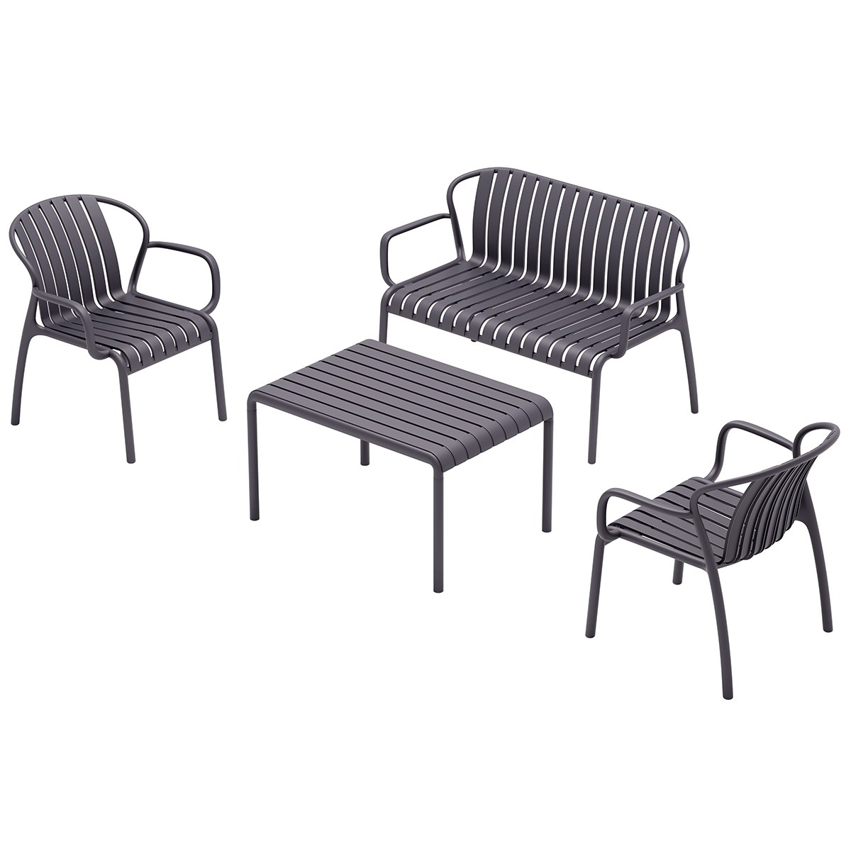 Een grijze tuinmeubelset met salontafel, bankje en twee stoelen.
