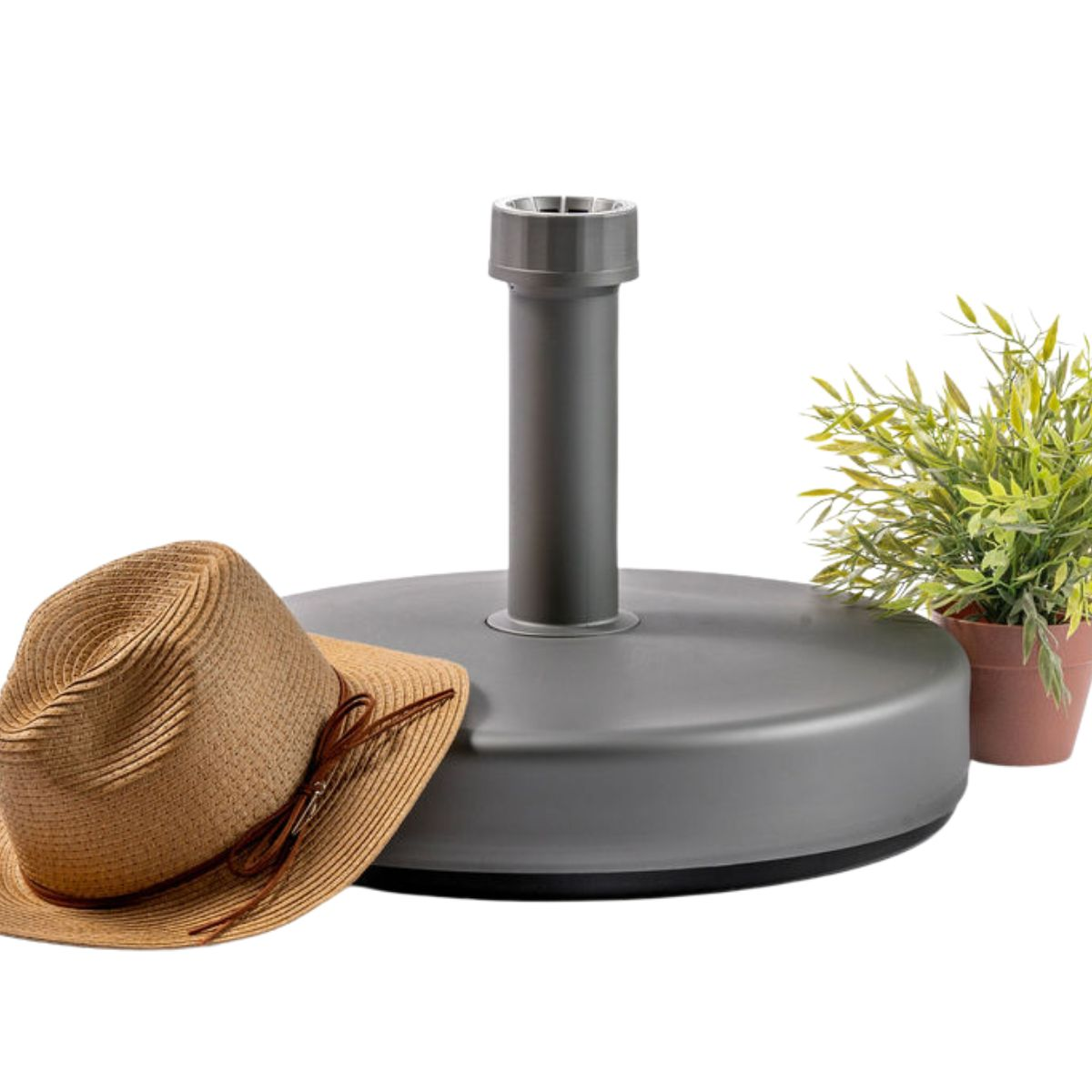 Een grijze parasolvoet met een bruine hoed en een potplant.