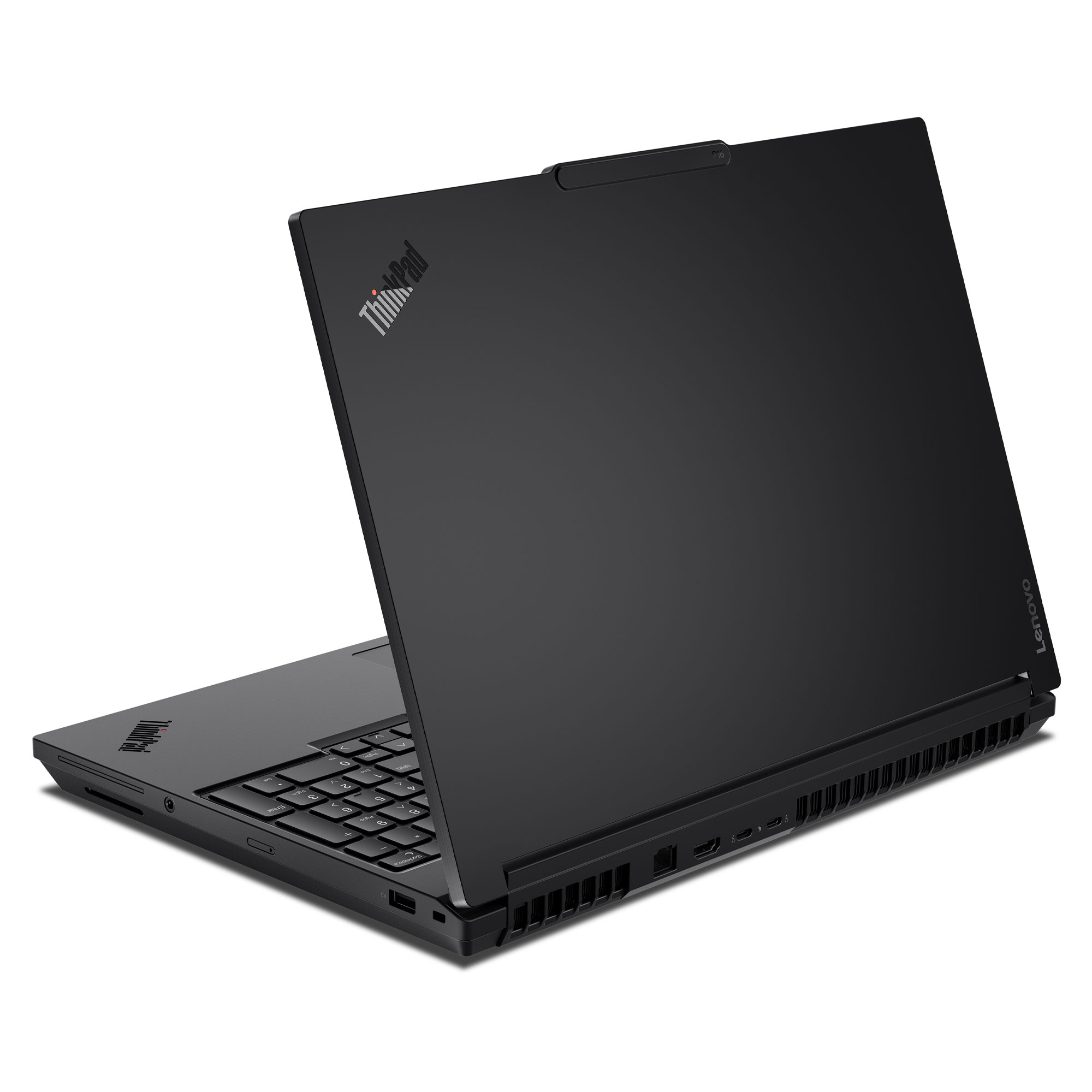 Açık kapaklı ThinkPad logolu siyah dizüstü bilgisayar, beyaz arka plan.