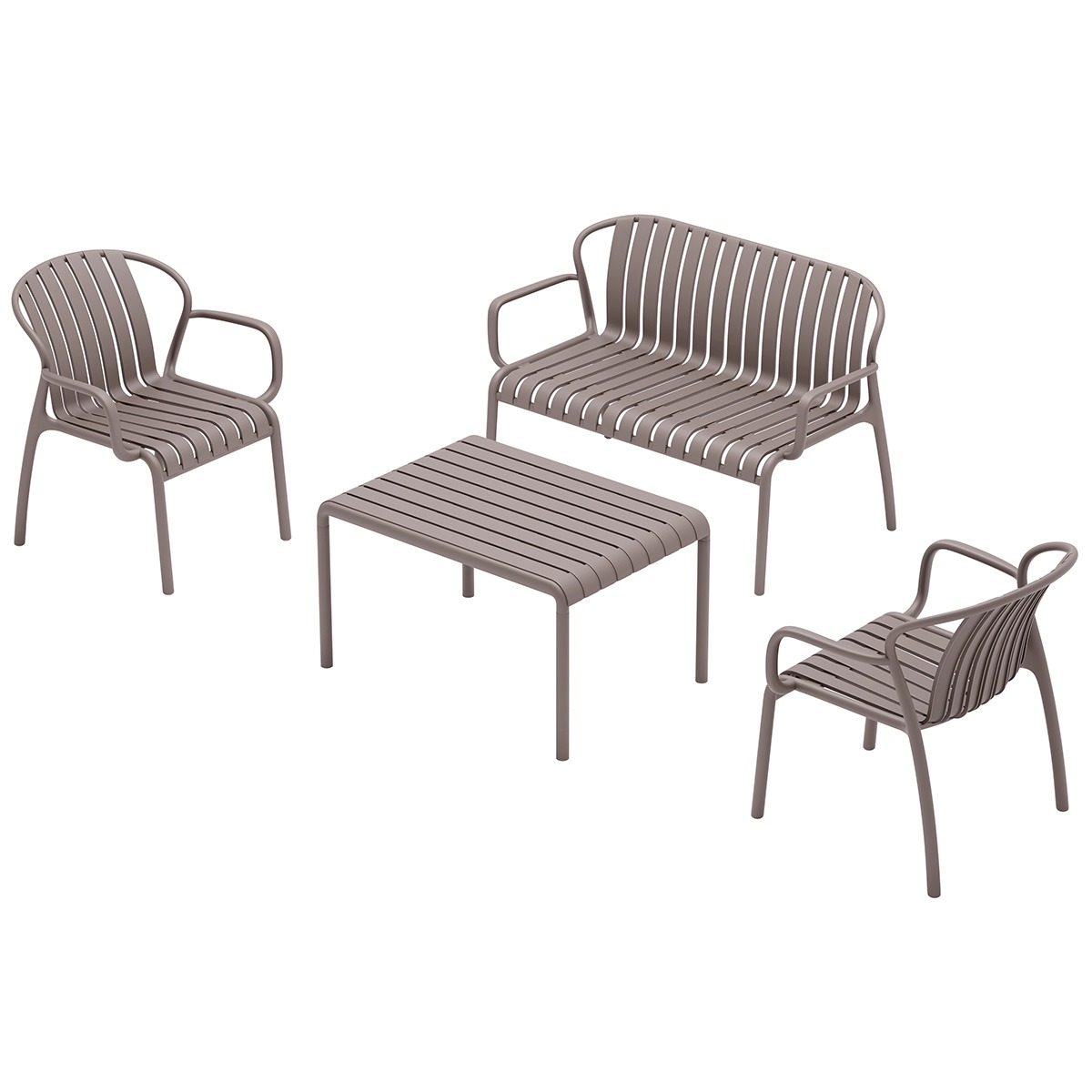 Brown outdoor furniture: bench, table and two chairs with slats.