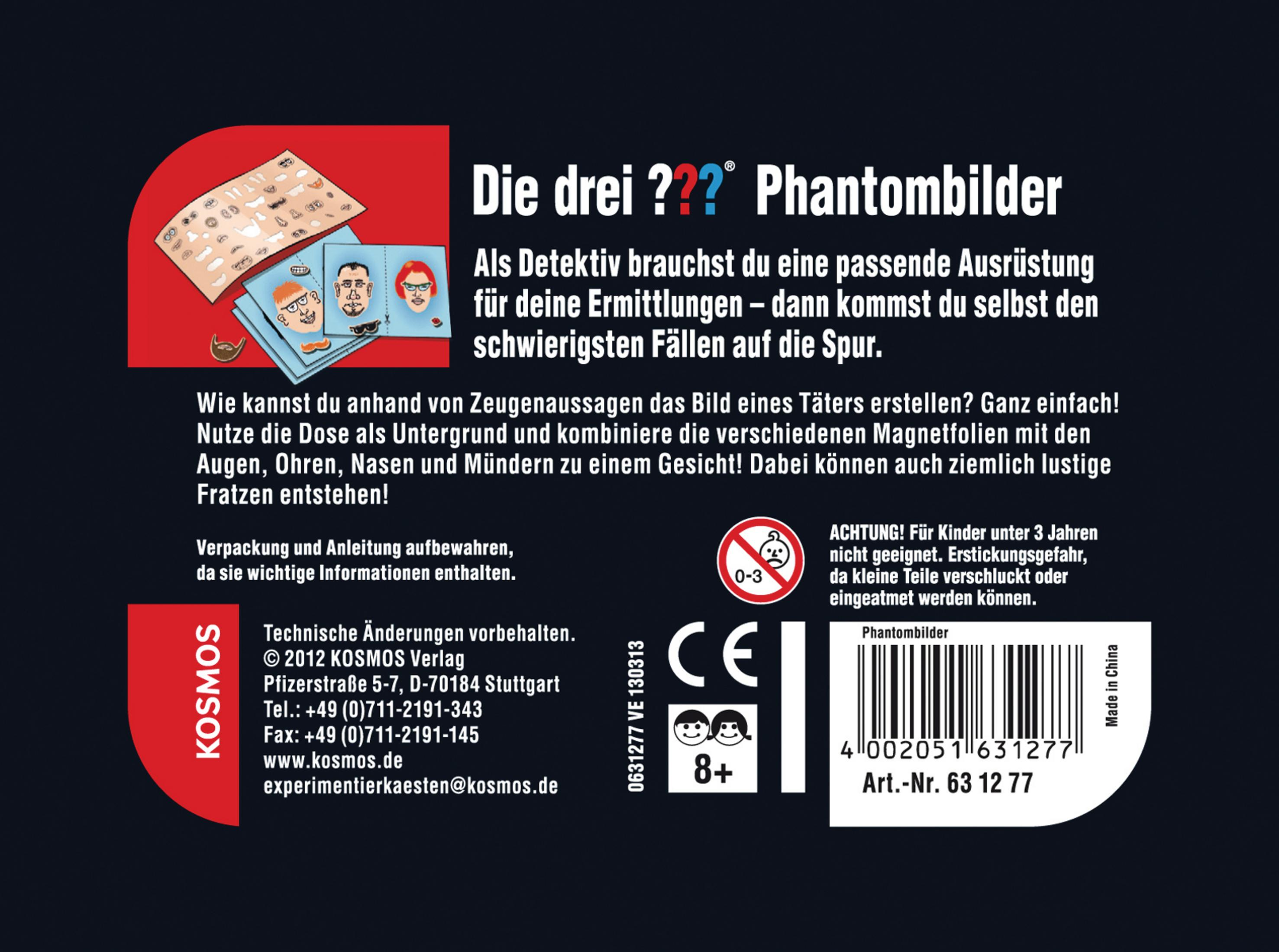 Das Spiel "Die drei ??? Phantombilder" mit Magnetfolien, Warnhinweisen und Produktinfos.