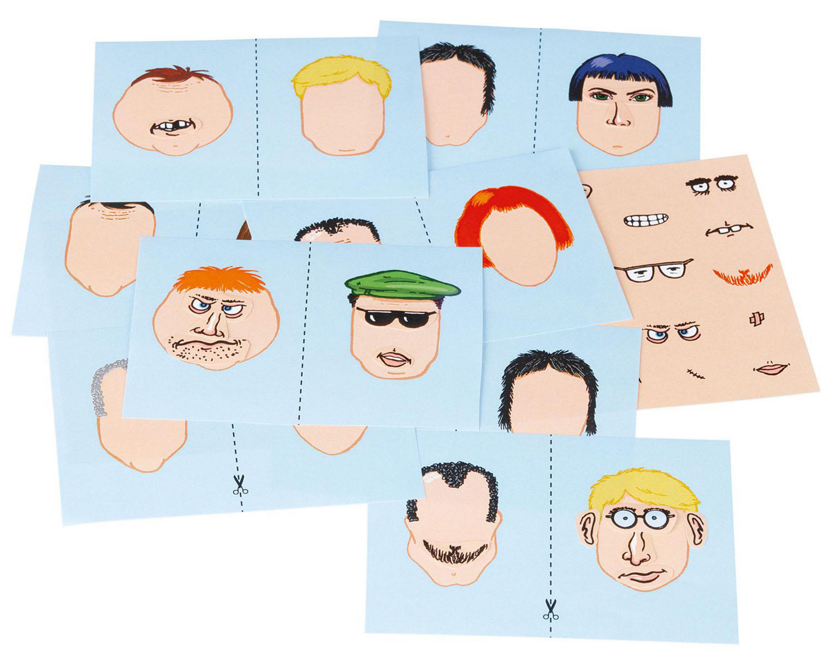 Bilder von Gesichtern und Gesichtselementen zum Ausschneiden auf blauem Papier.