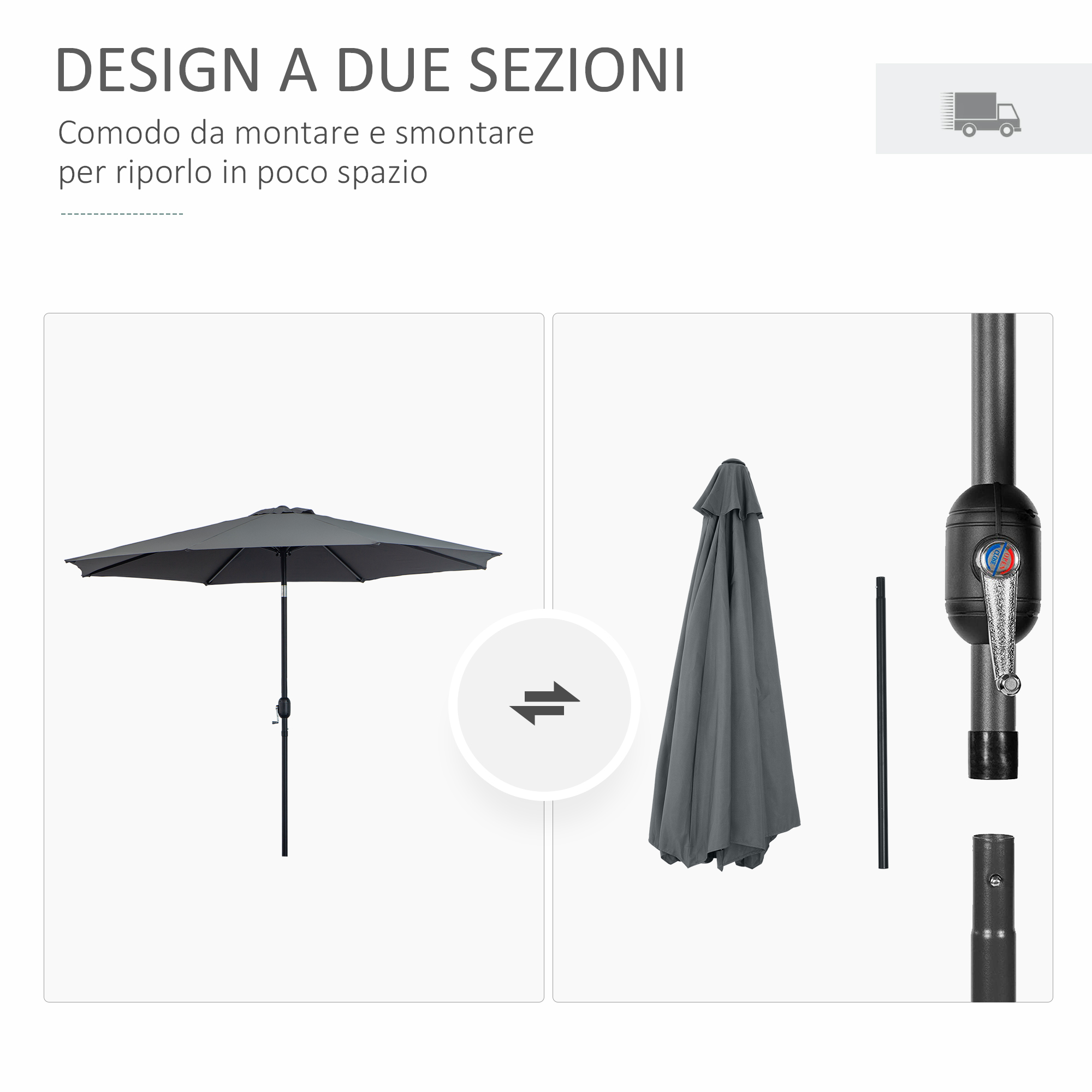 Ombrellone grigio aperto e chiuso, con meccanismo di montaggio e regolazione.