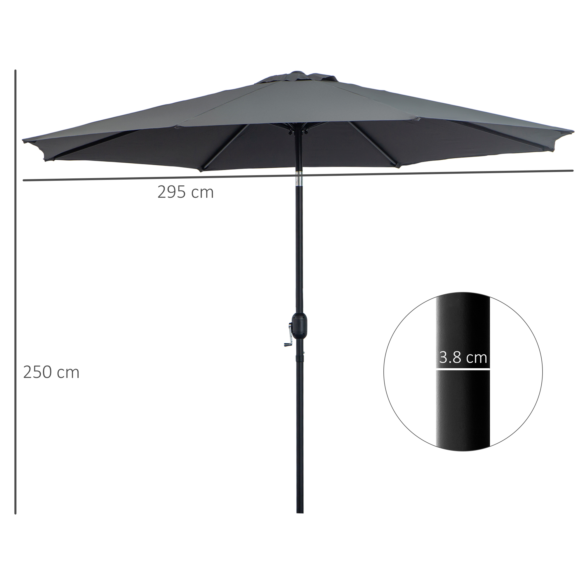 Ombrello grigio scuro, 295cm largo, 250cm alto, palo 3,8cm.