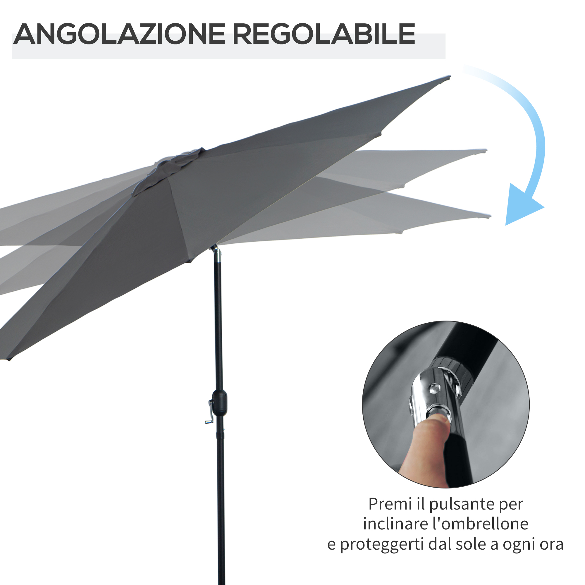 Ombrellone grigio da esterno con inclinazione regolabile e meccanismo a manovella.