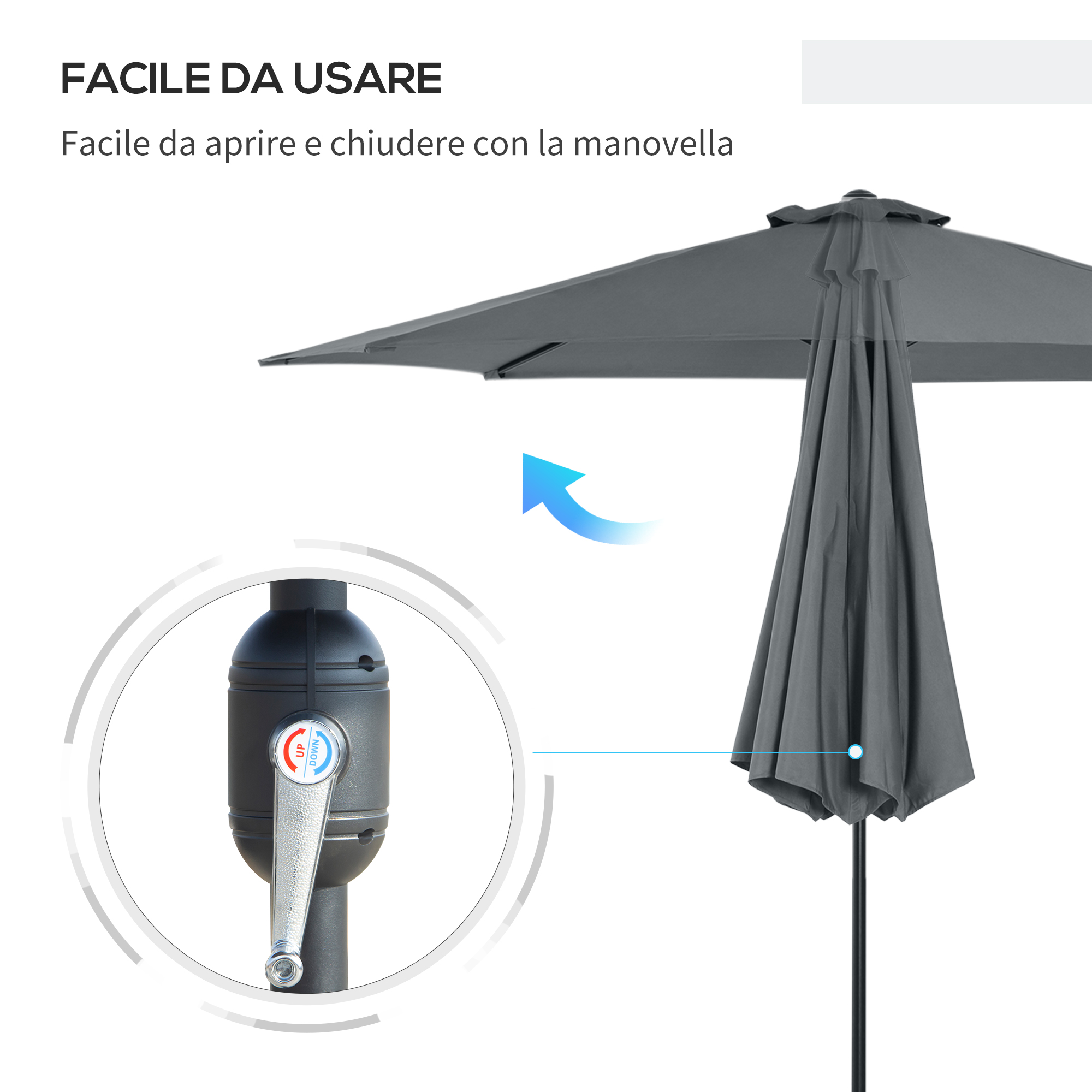 Ombrellone grigio con meccanismo a manovella per aprire e chiudere.