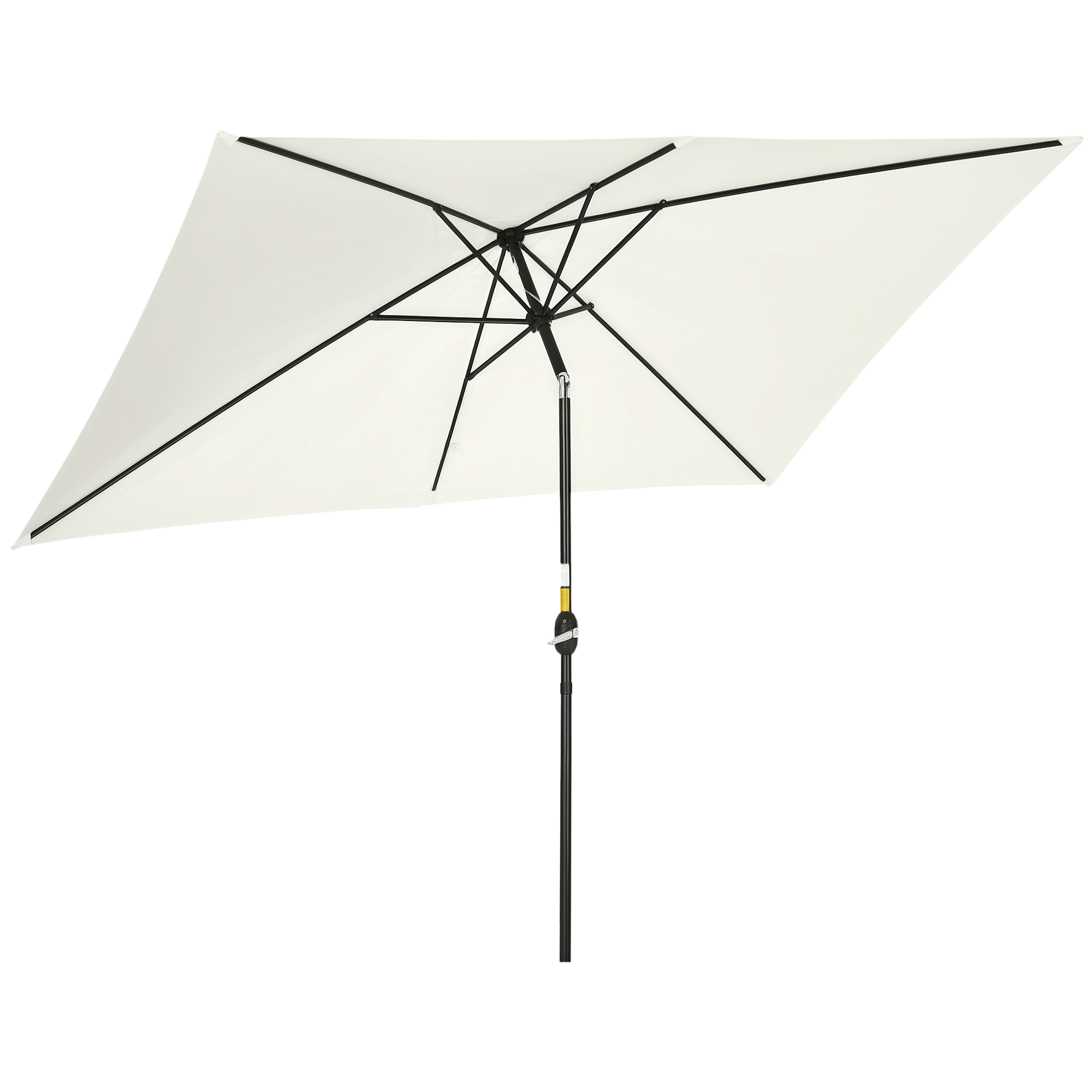 Un ombrellone rettangolare con tessuto bianco e telaio nero.