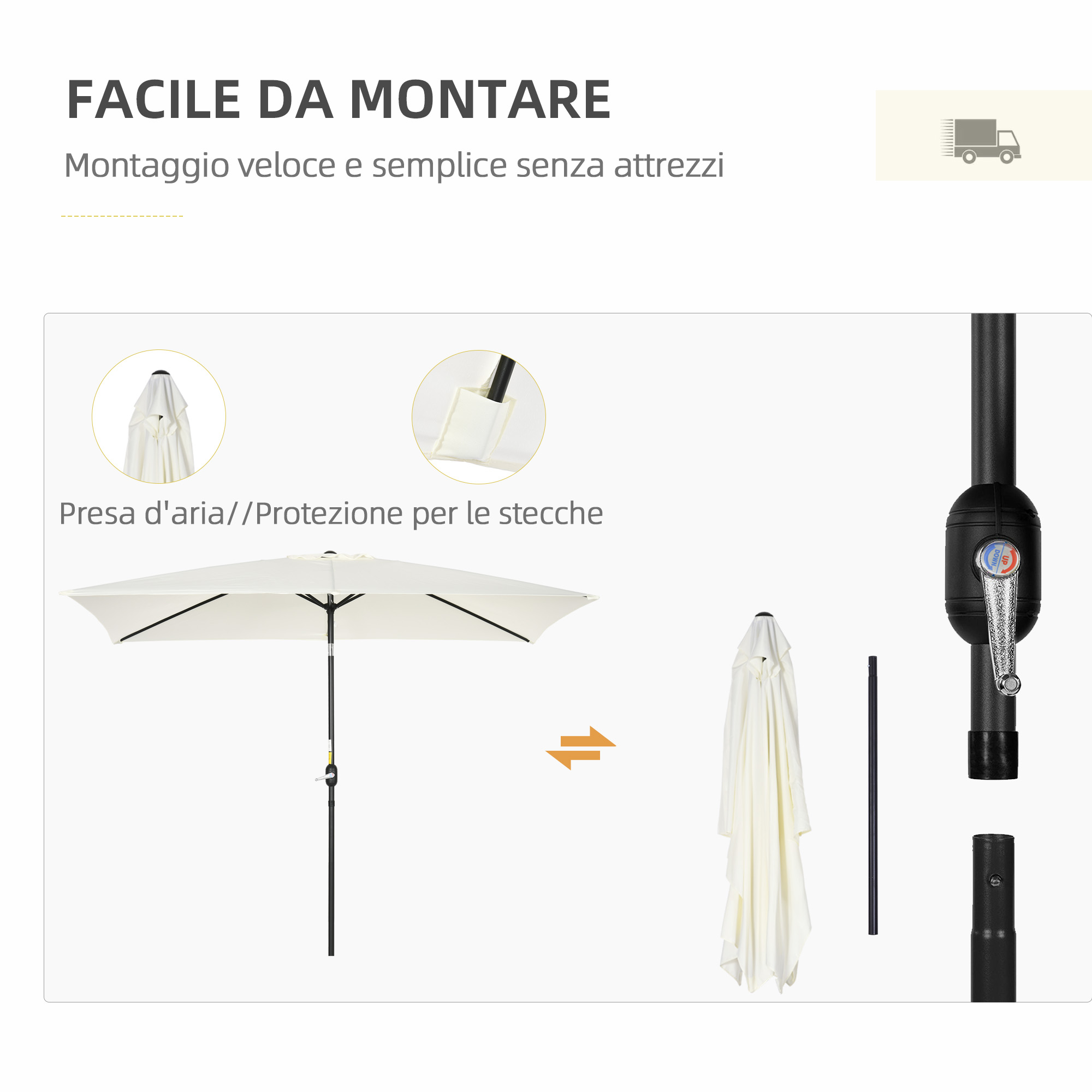 Un ombrellone bianco con struttura nera e meccanismo a manovella.
