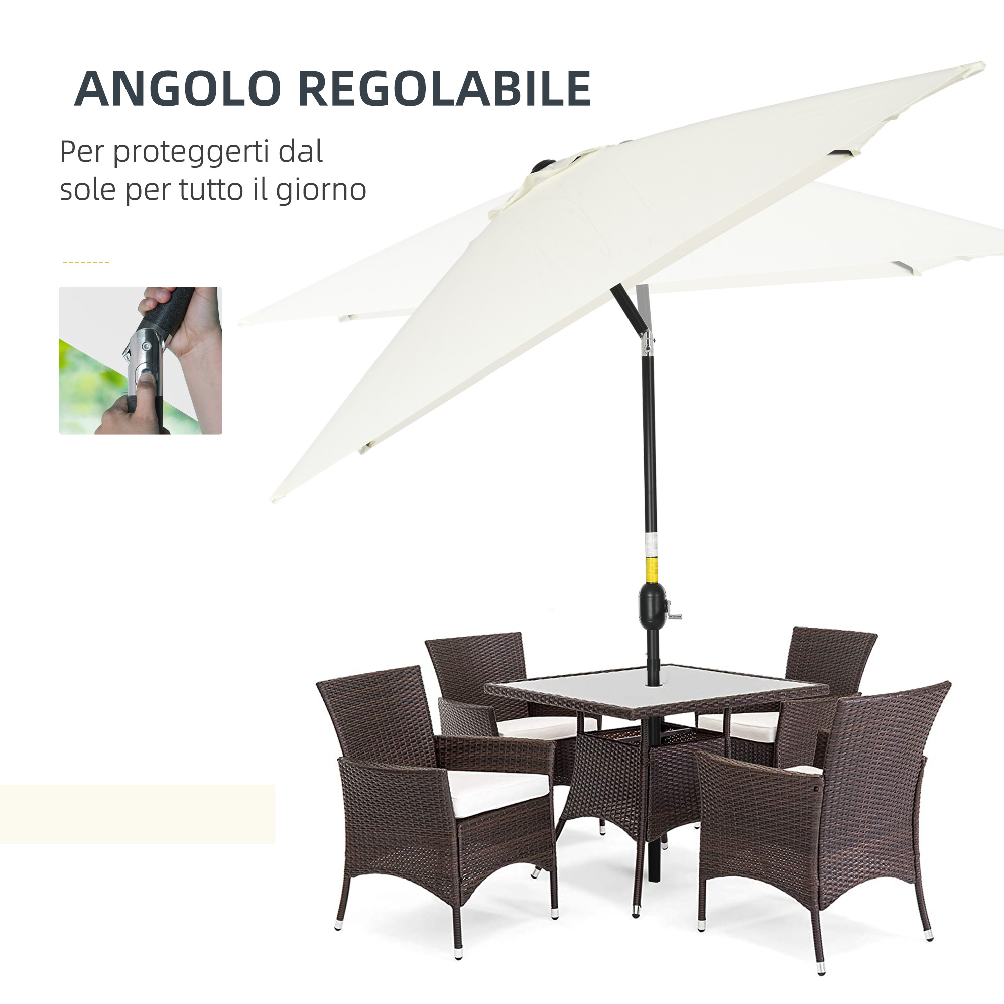Un tavolo quadrato con piano in vetro e quattro sedie in rattan marrone sotto un ombrellone bianco.