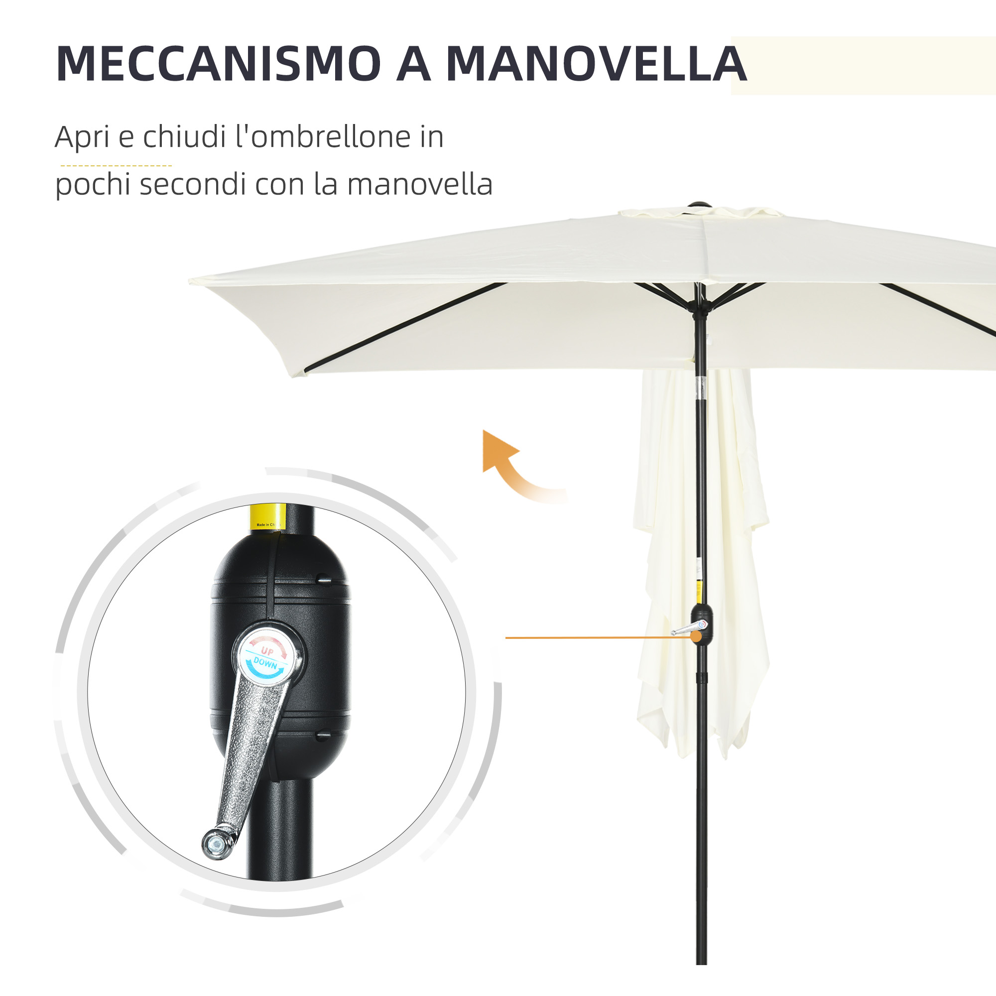 Un ombrellone bianco con meccanismo a manovella e istruzioni.
