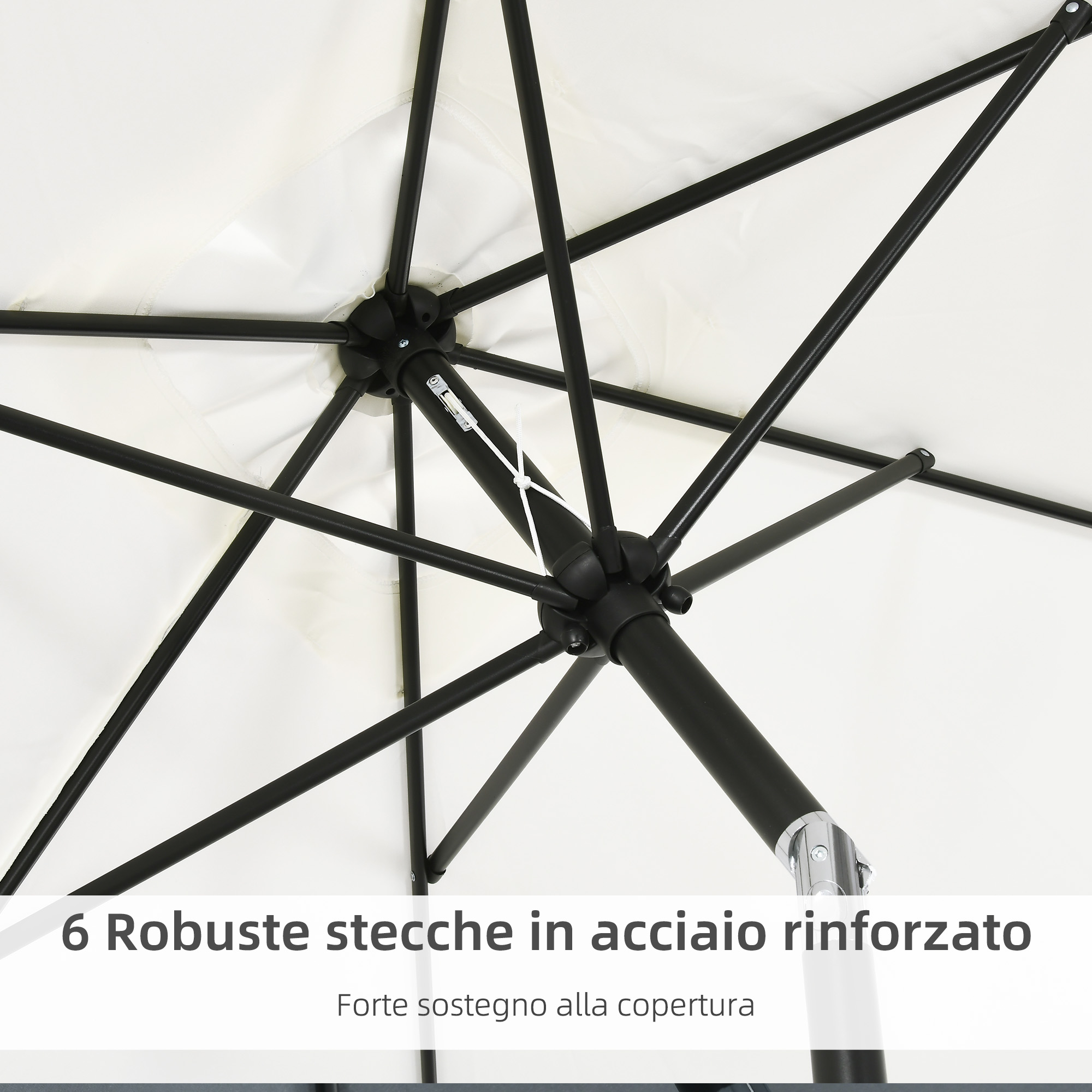 Particolare della struttura di un ombrellone bianco con sei robuste stecche in metallo nero.