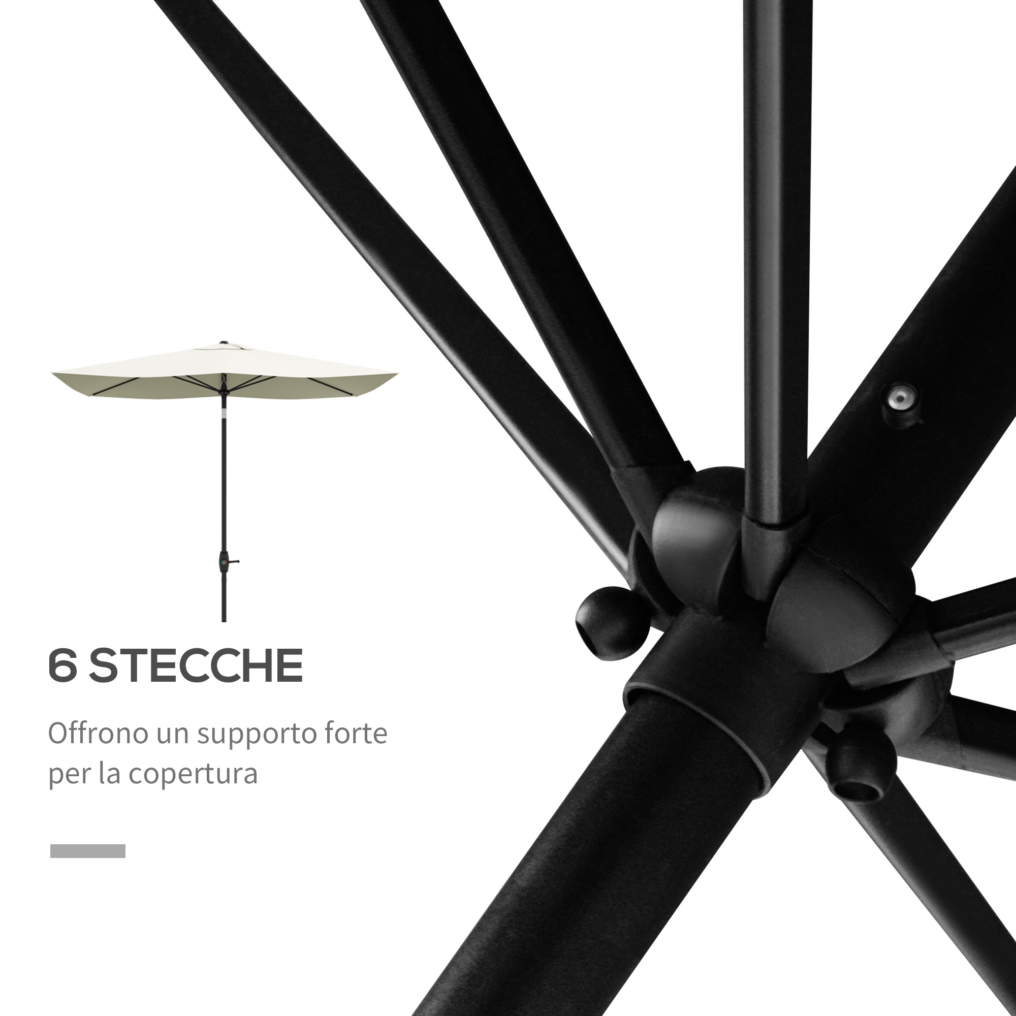 Un ombrellone beige con telaio nero, primo piano dei raggi.