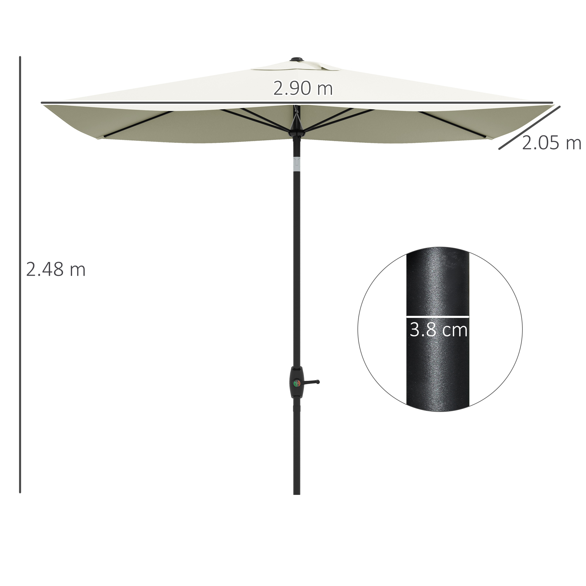 Ombrellone da giardino color crema con struttura nera. Dimensioni: 2,90m largo, 2,05m profondo, 2,48m alto.