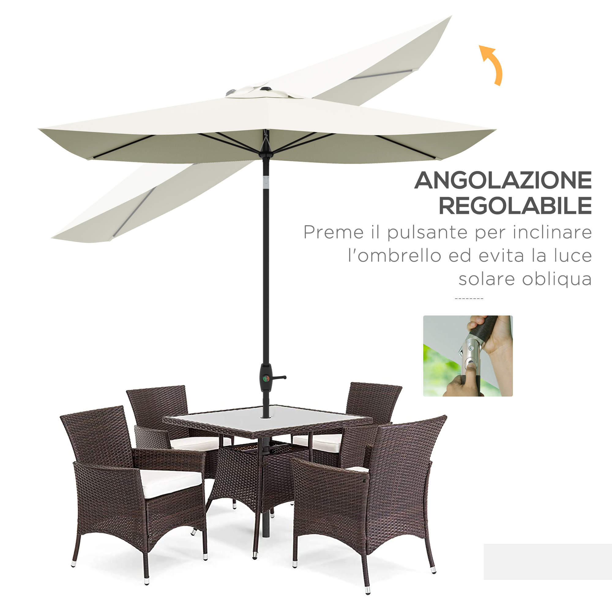 Set da giardino in rattan: tavolo con piano in vetro, quattro sedie con cuscini bianchi, ombrellone.