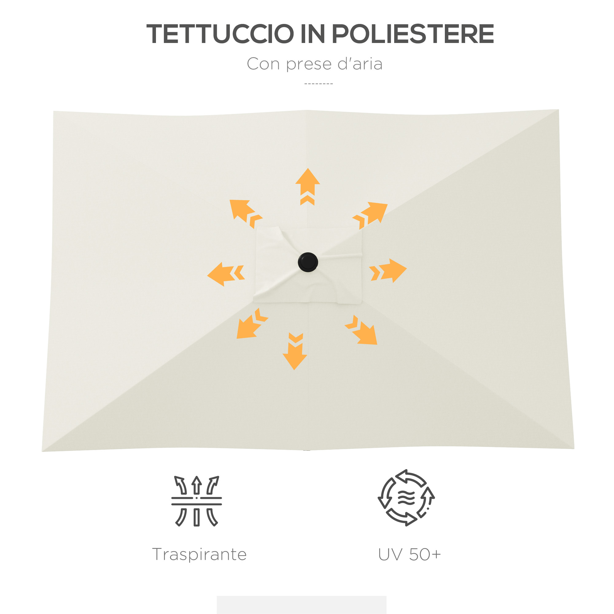 Copertura ombrellone beige con frecce arancioni che indicano la circolazione dell'aria.
