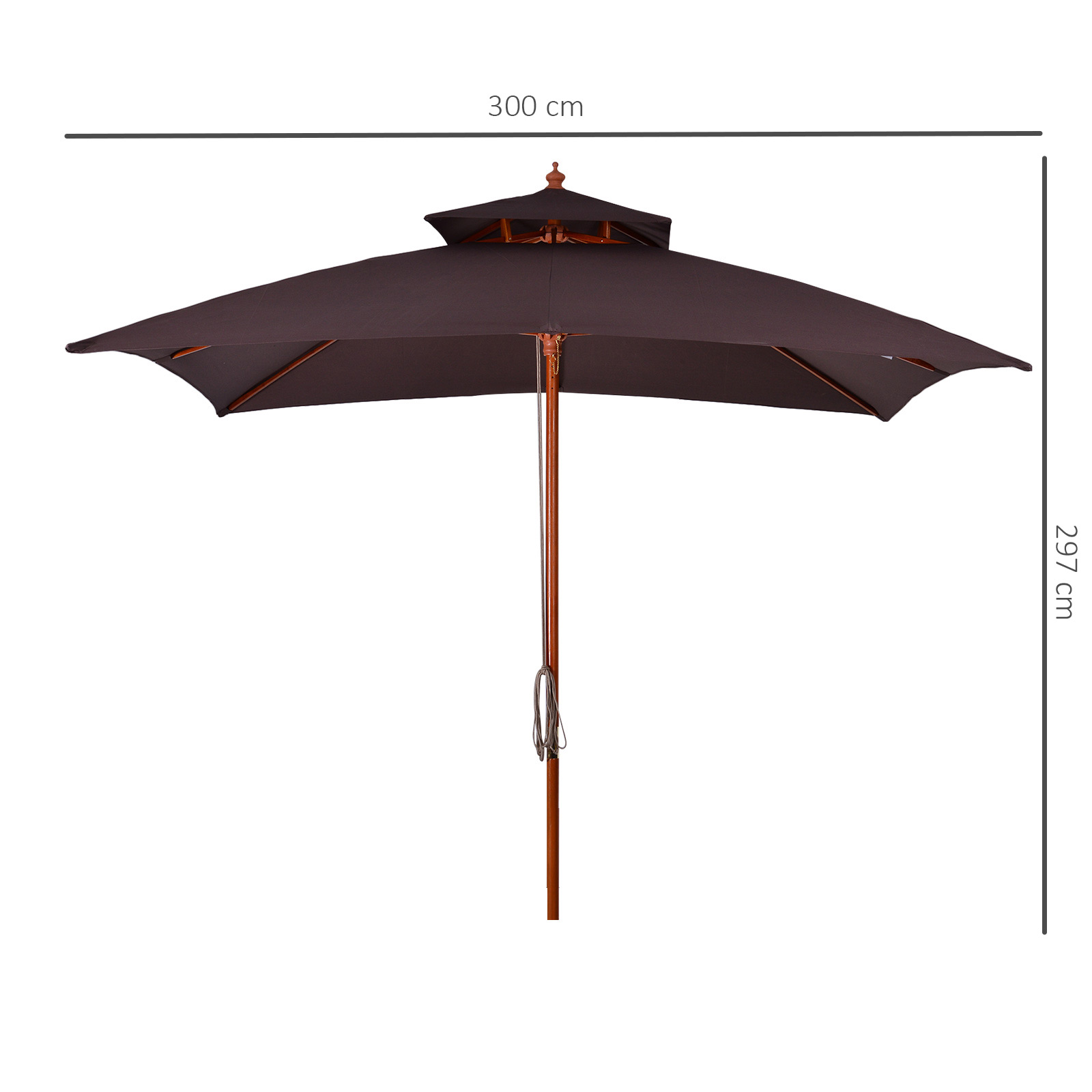 Ombrellone marrone scuro con palo in legno, largo 300cm, alto 297cm.