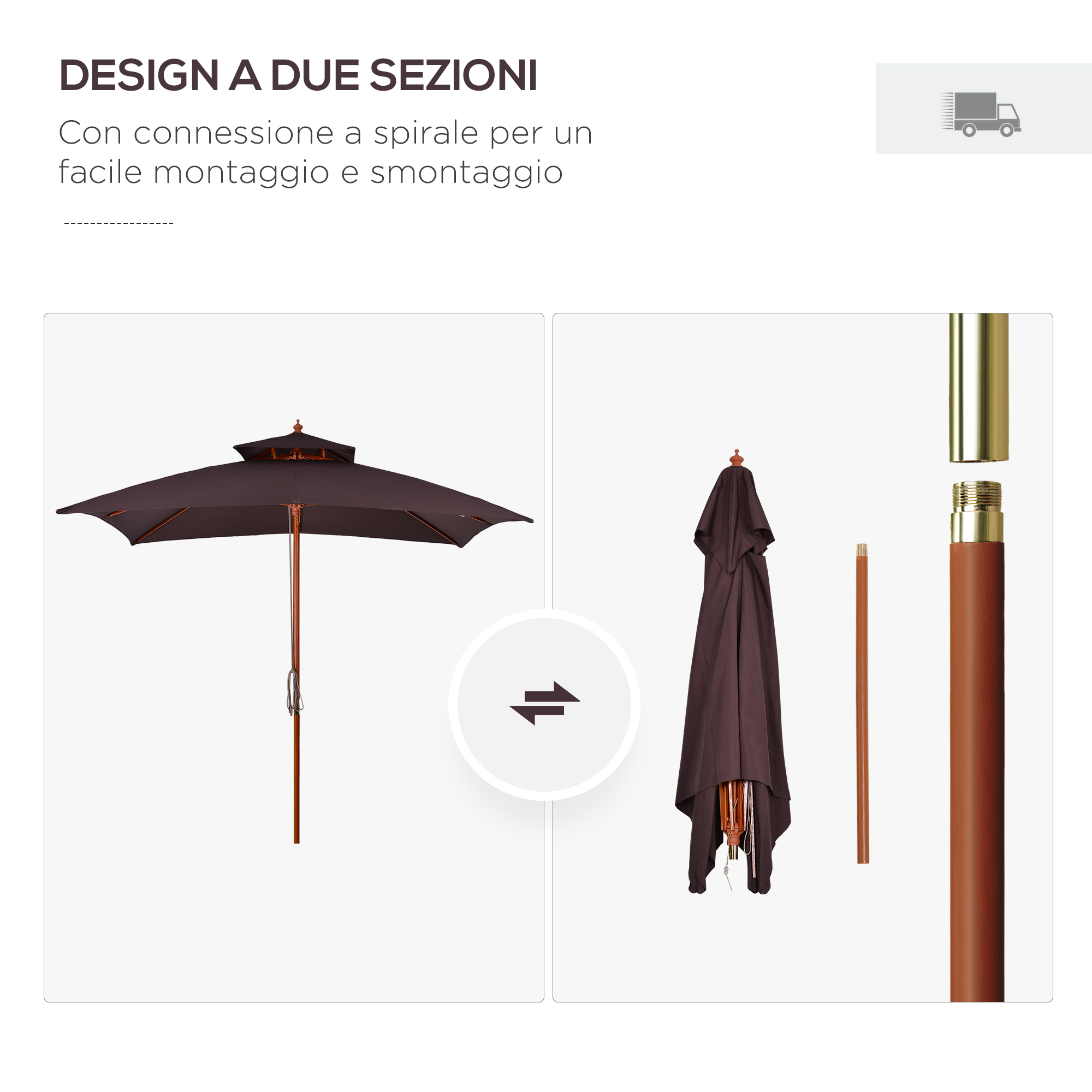 Un ombrellone marrone, aperto e chiuso, con pali.