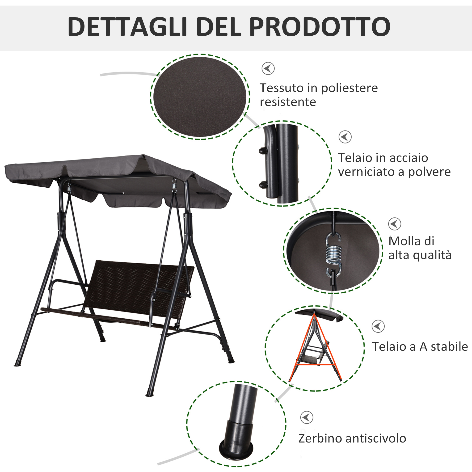 Altalena da giardino con tettuccio e seduta grigio scuro. Telaio in acciaio.