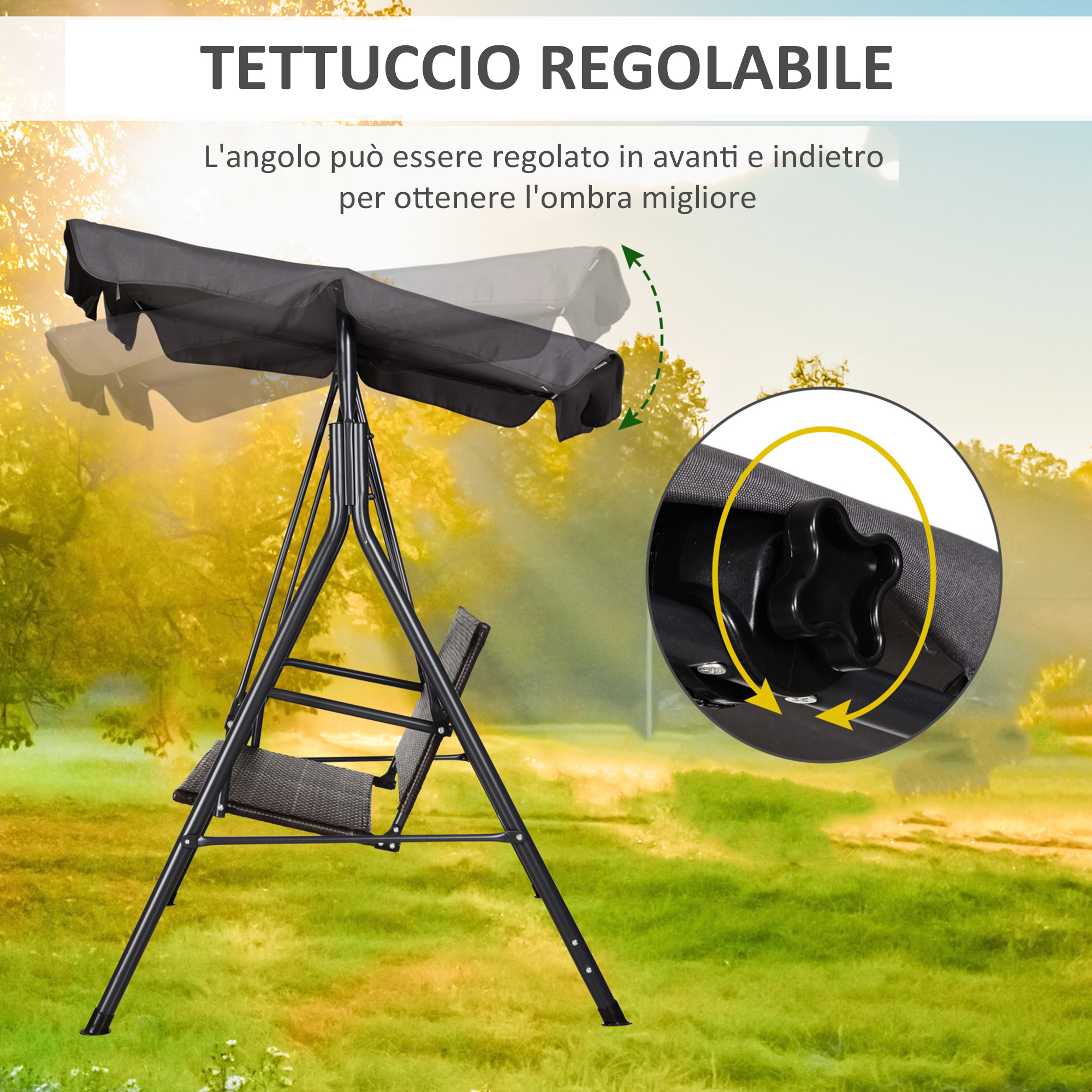 Una tettoia scura regolabile su un'altalena esterna, con dettaglio della manopola.