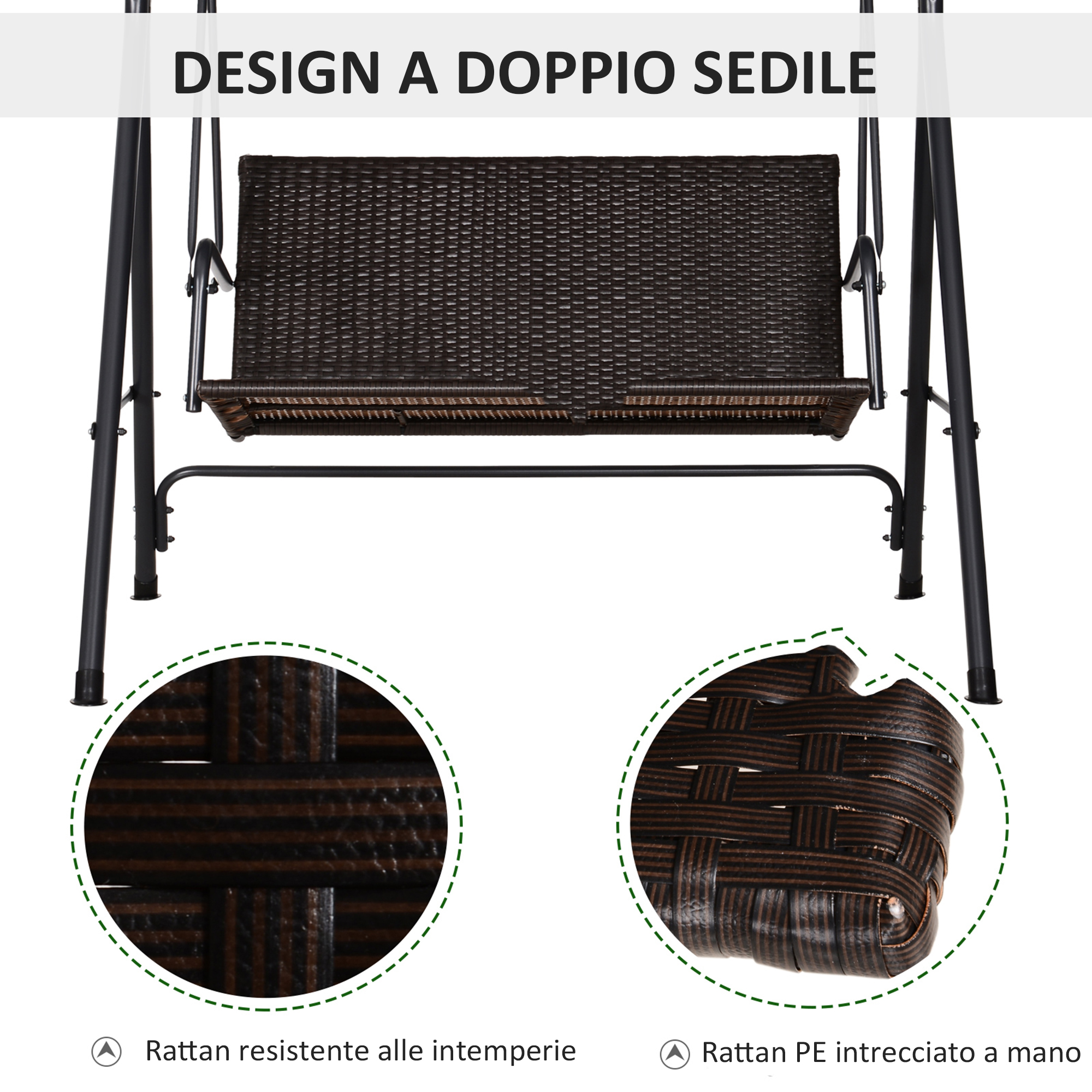 Sedile in rattan marrone su telaio in metallo nero, primi piani del rattan.