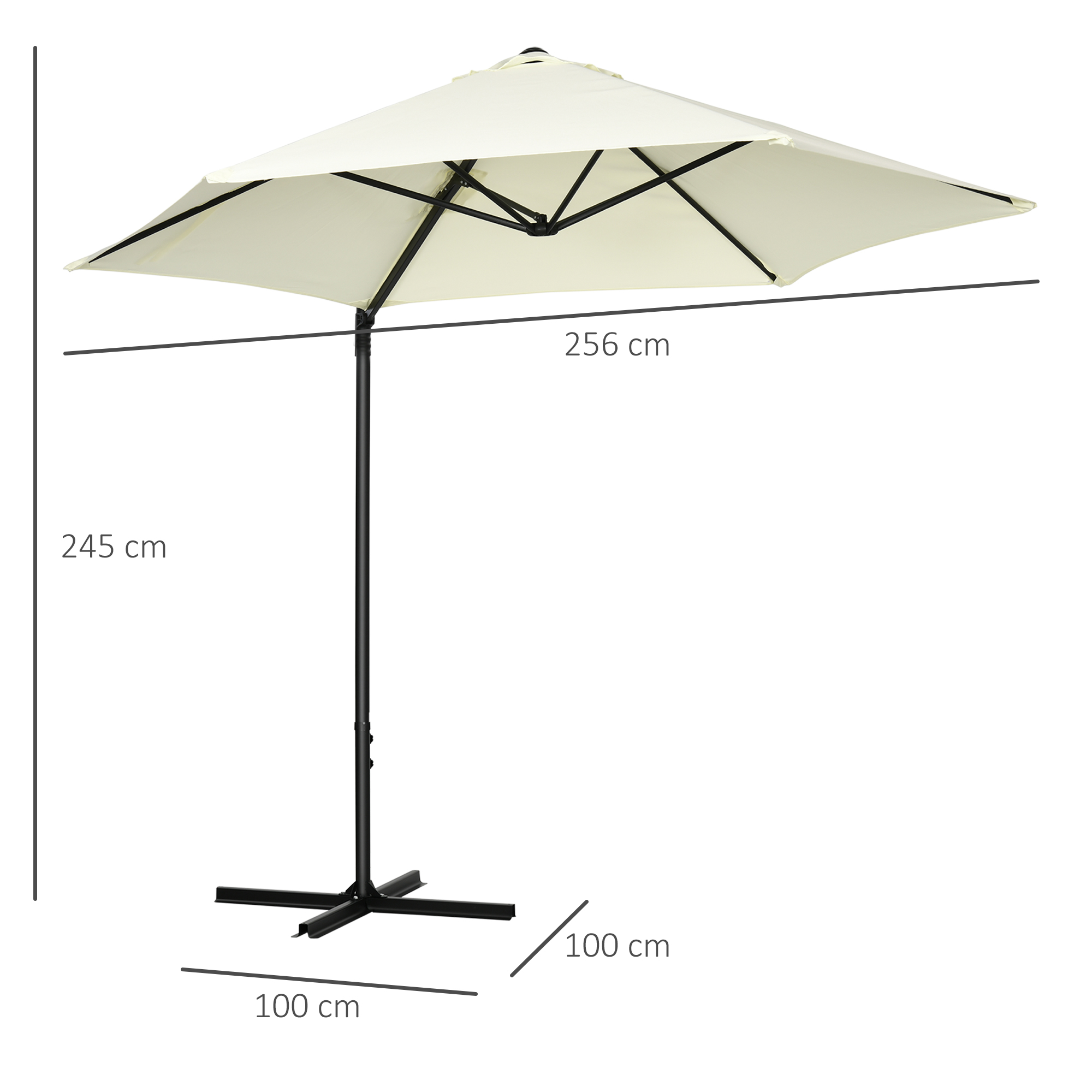 Un ombrellone color crema con telaio nero, alto 245 cm e largo 256 cm.