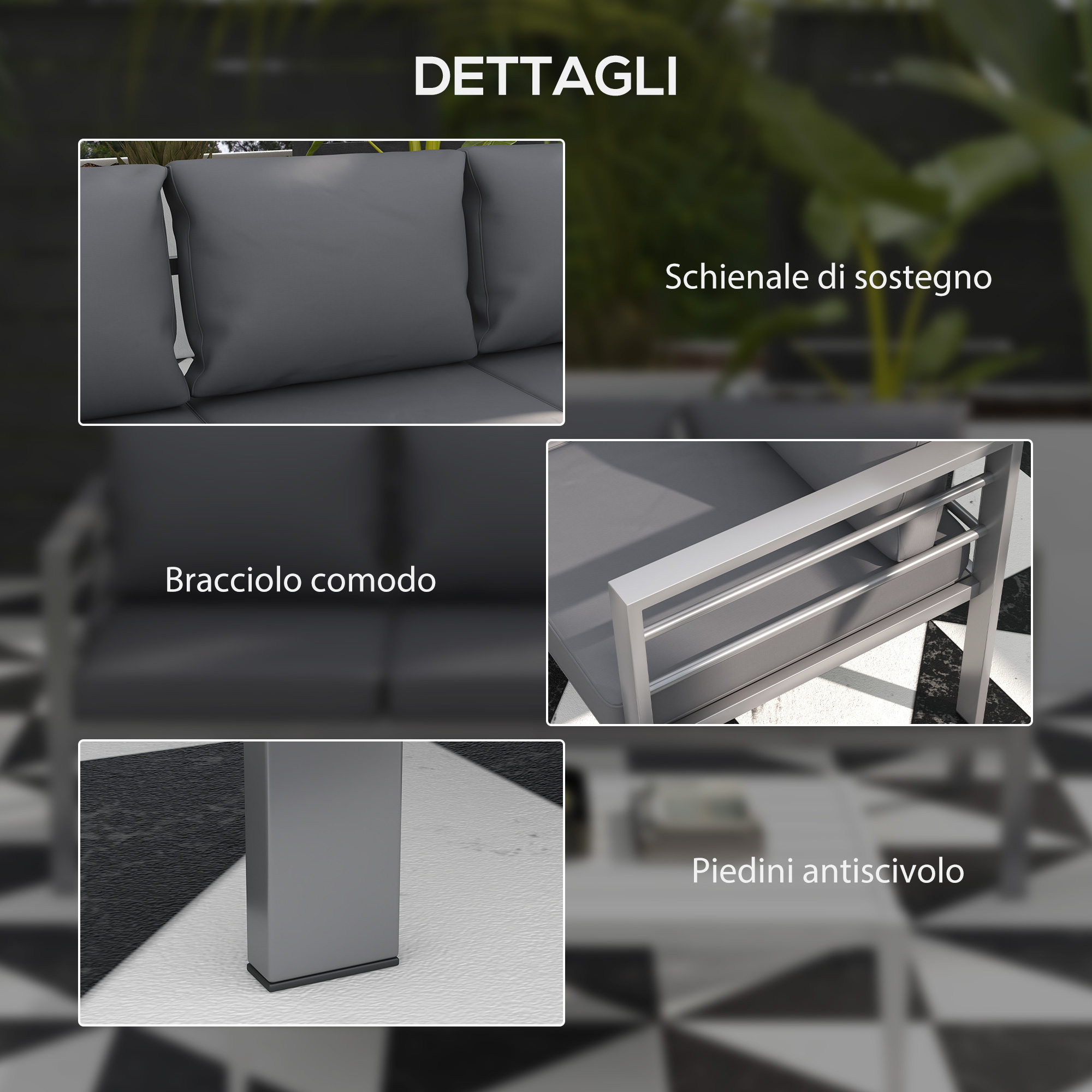 Dettagli moderni divano grigio: cuscini, bracciolo, piede e telaio.