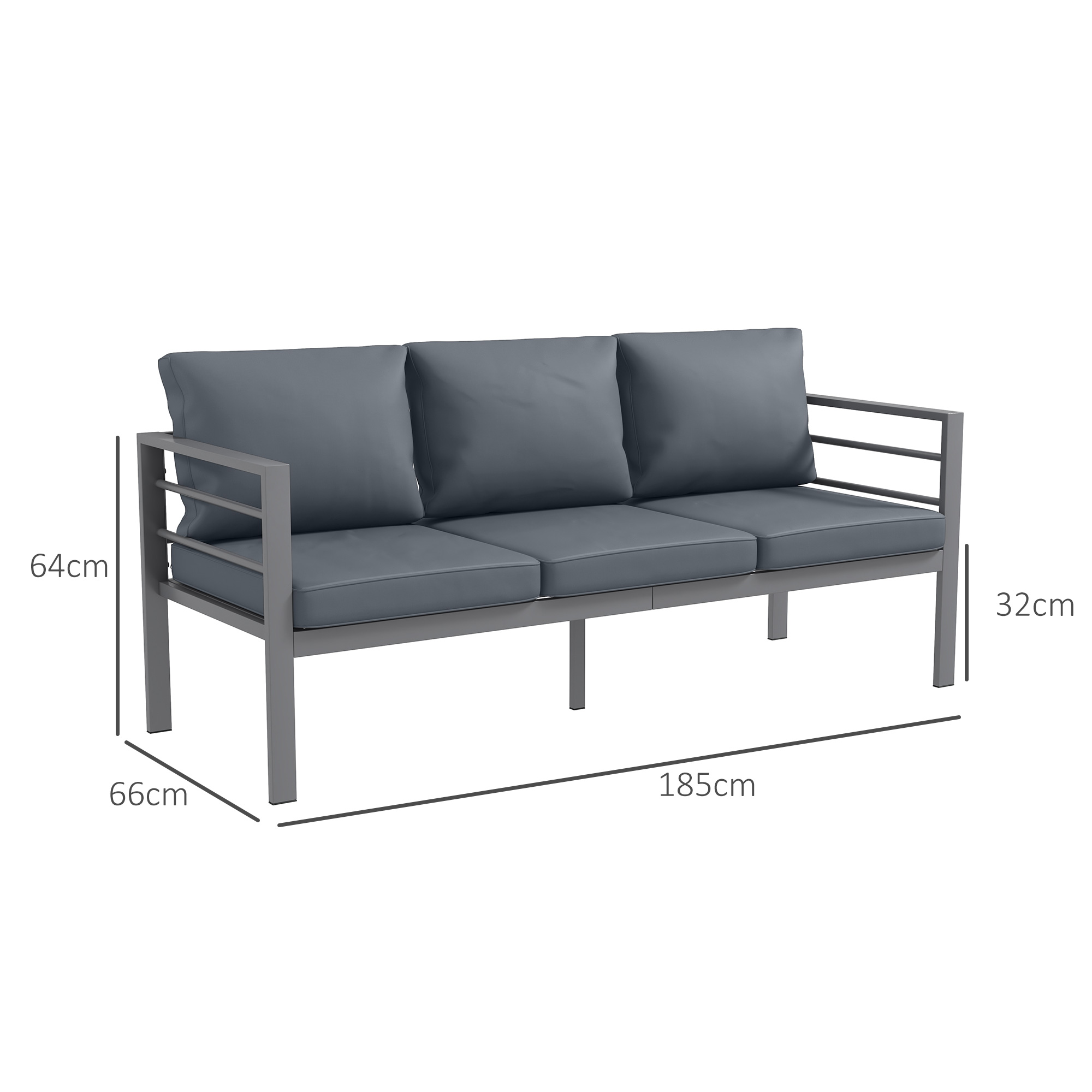 Divano grigio a tre posti con telaio in metallo, 185x66x64cm.