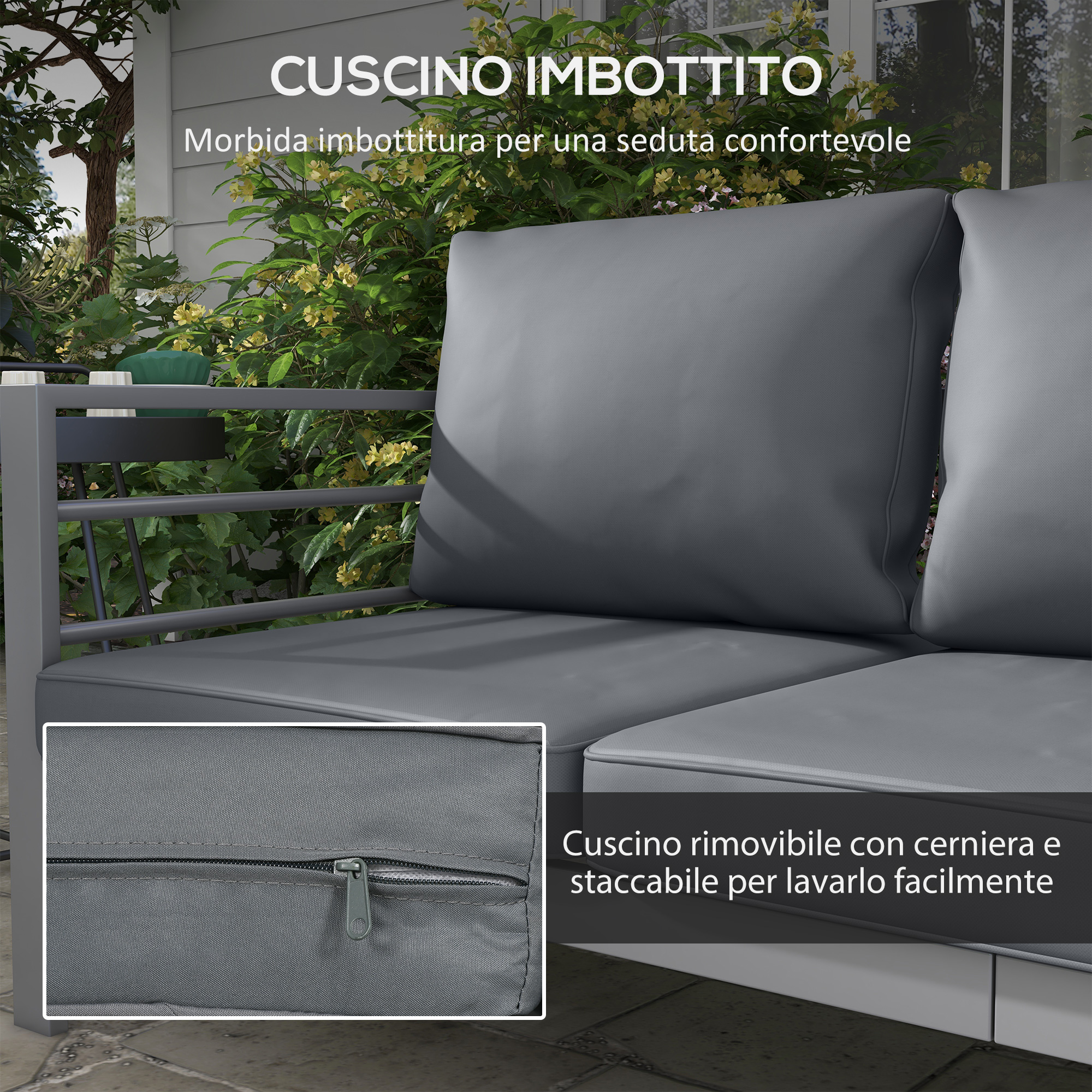 Cuscini grigi per divano da esterno con cerniera per rimozione e lavaggio.