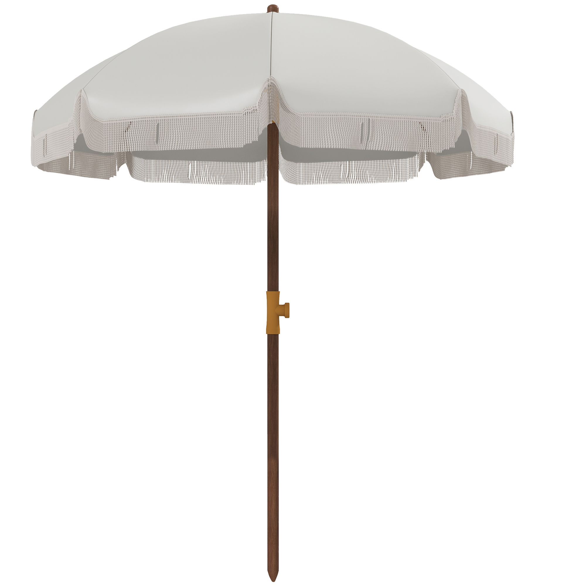 Un parasole bianco con frange e un palo di legno.