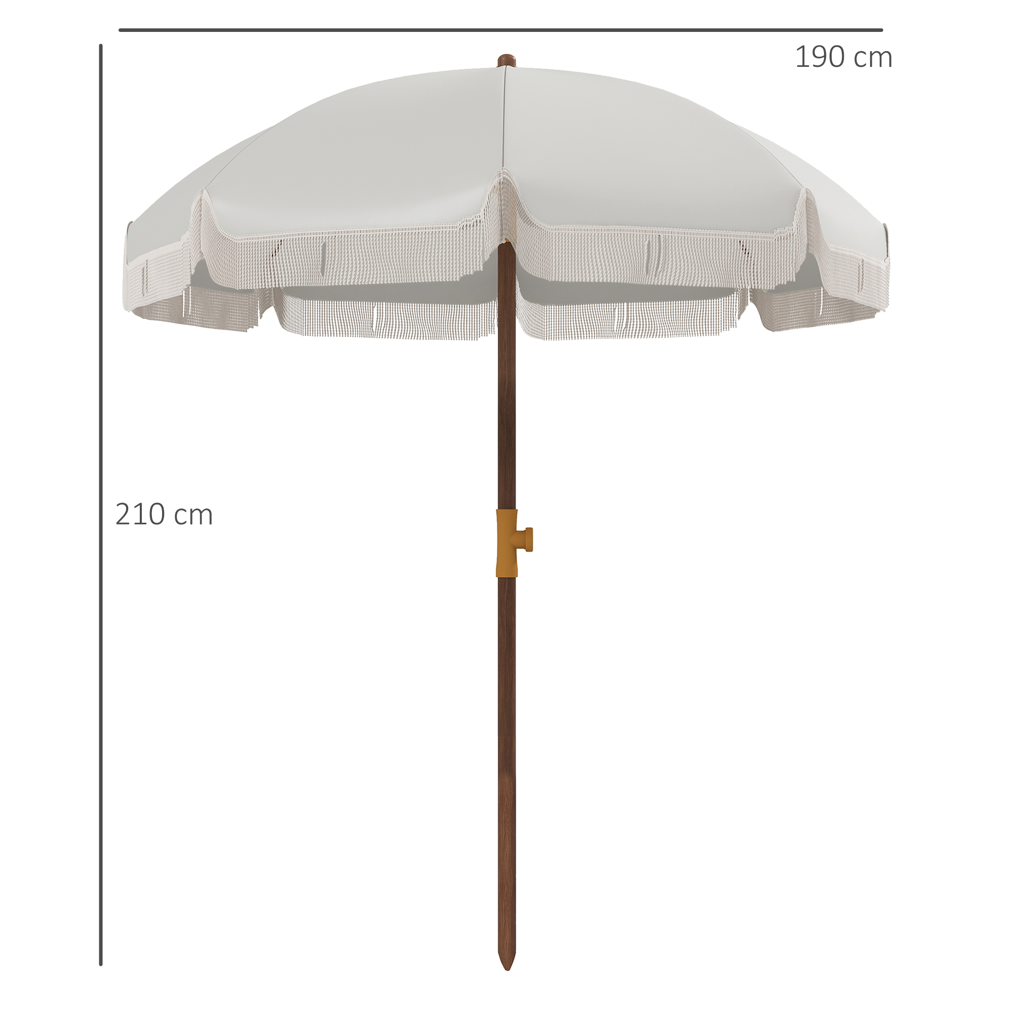 Un ombrellone bianco con frange, largo 190 cm, alto 210 cm.