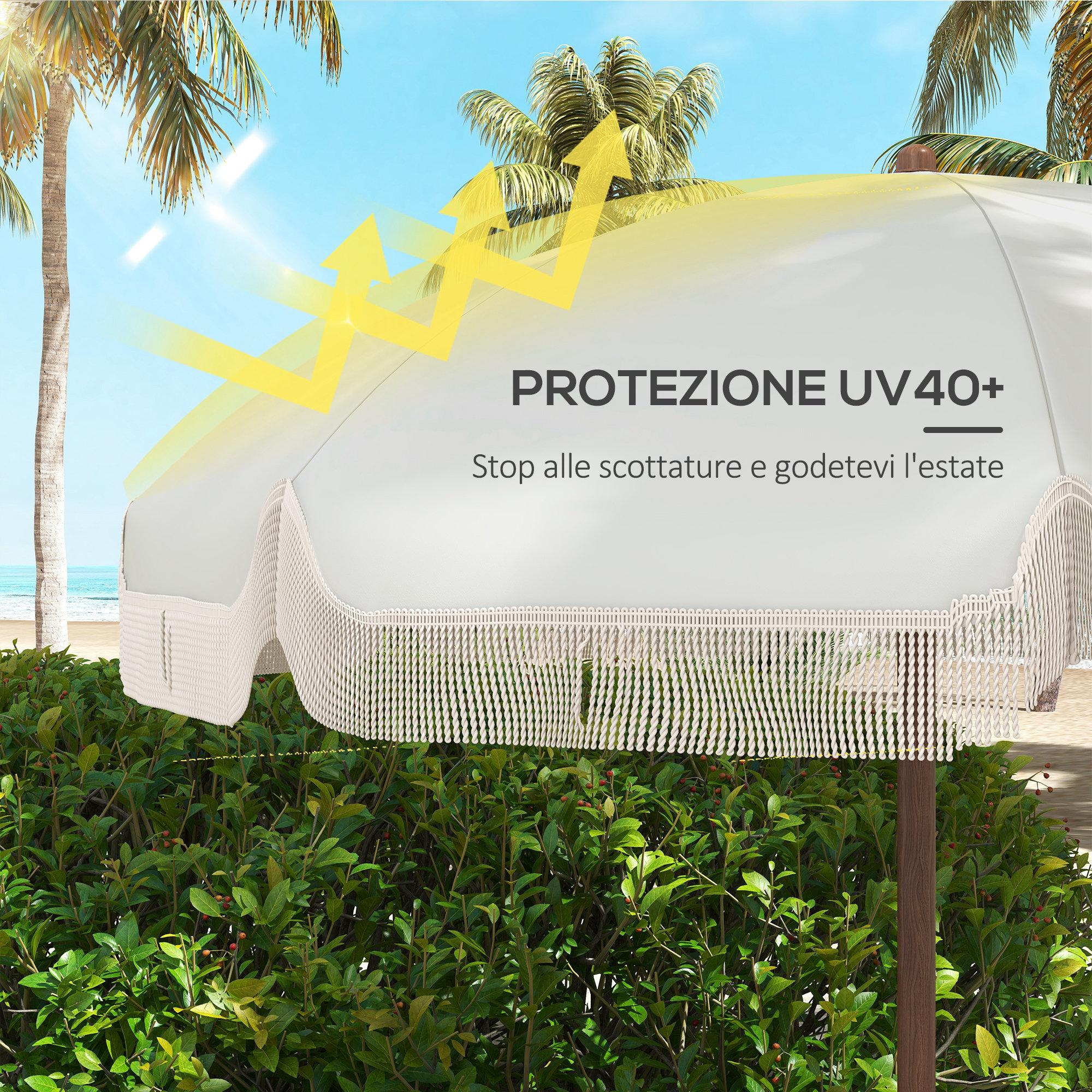Un ombrellone da spiaggia con palme e mare. Grafica protezione UV.