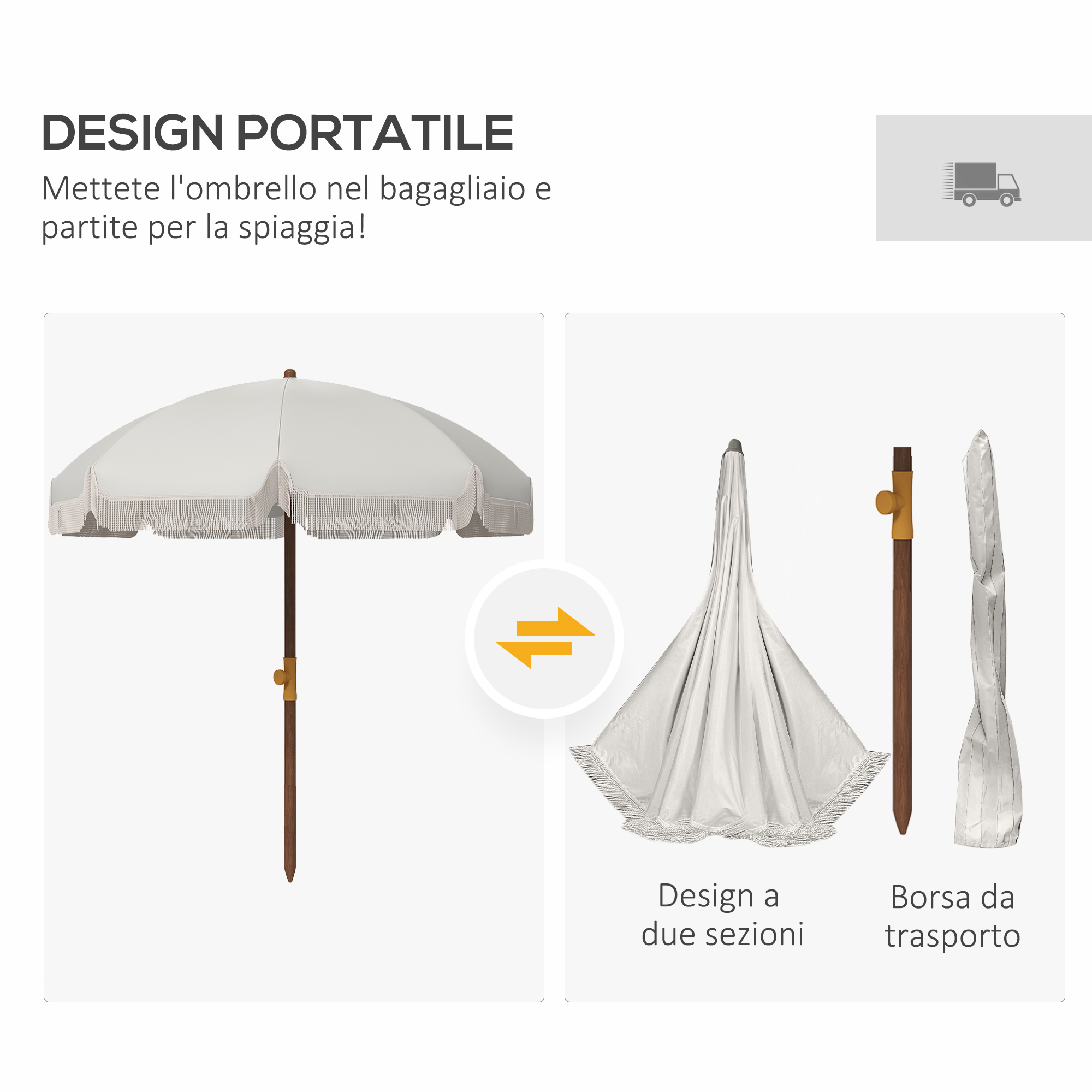 Un ombrello bianco con frange, piegato, con borsa e palo.