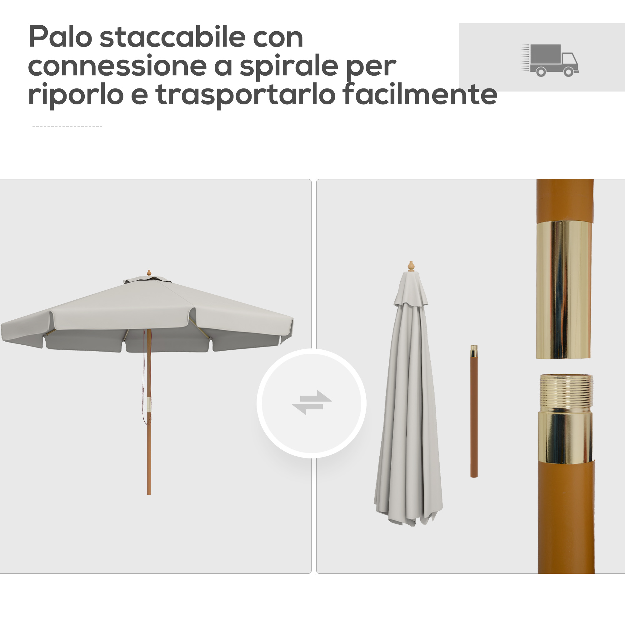 Ombrellone grigio chiaro aperto, ombrellone chiuso e sezioni del palo con connettori dorati.