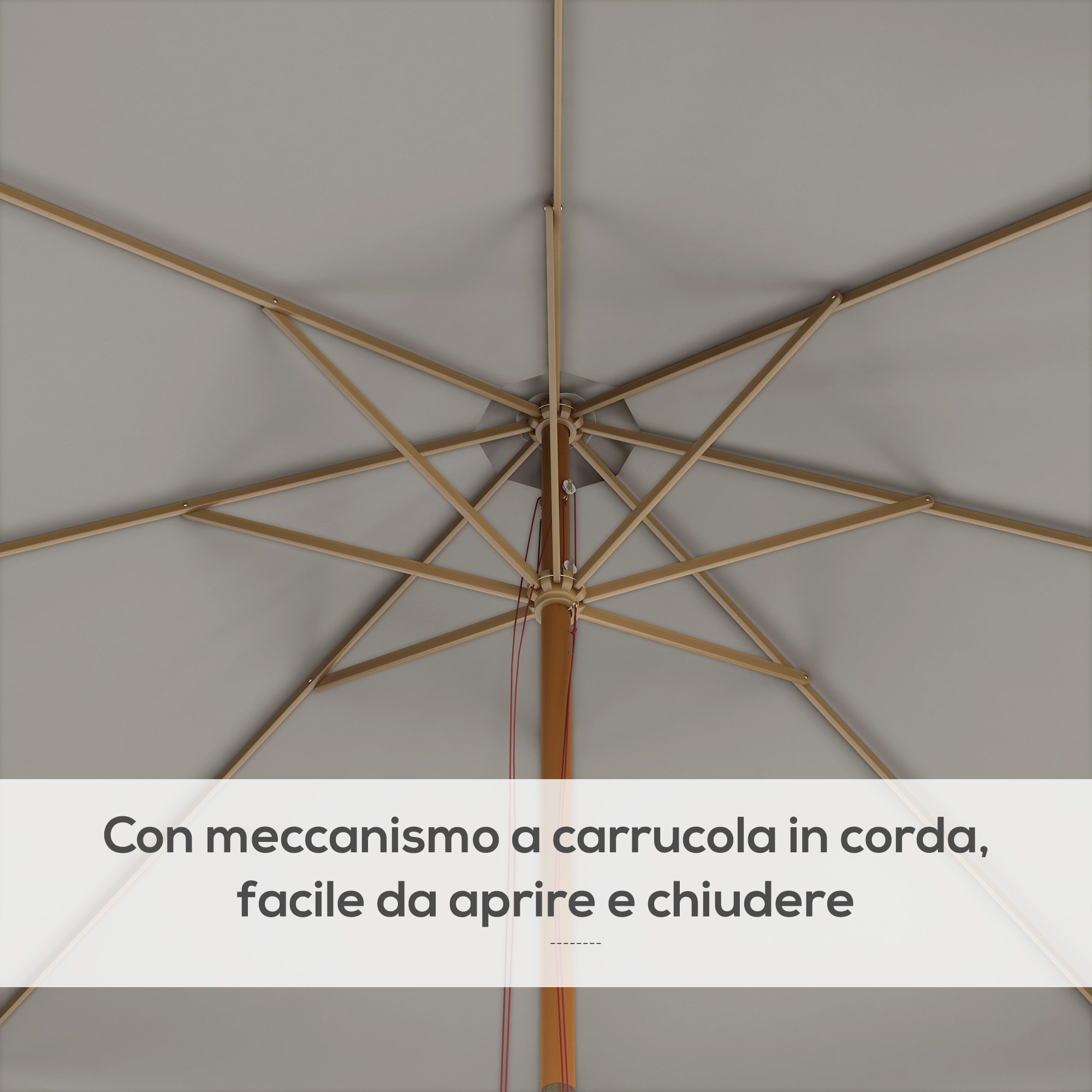 Parte inferiore di un ombrellone grigio con stecche in legno e corda.