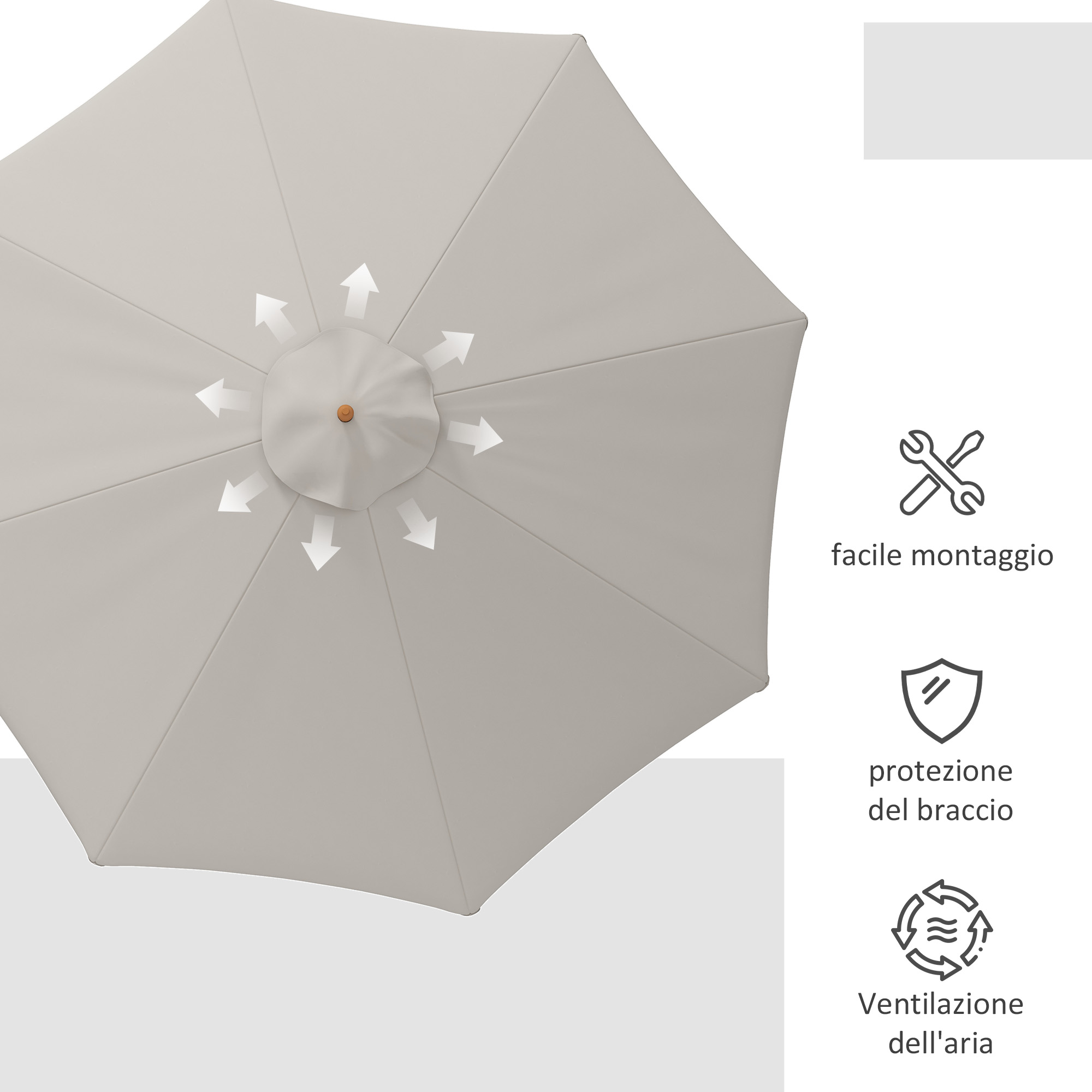 Ombrellone grigio chiaro con frecce bianche che indicano ventilazione.